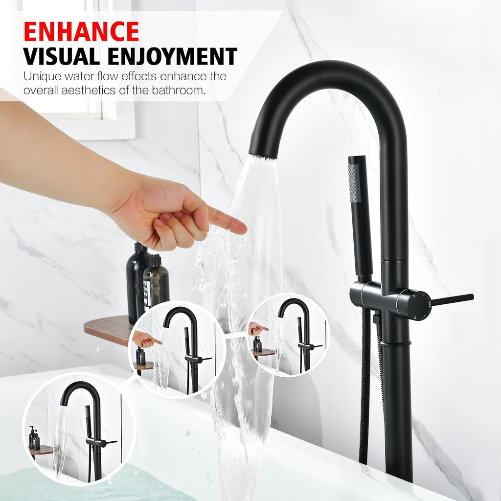 sumerain Matte Black Free Standing Tub Faucet with Handheld, High Flow Rate Bathroom Floor Mount Bathtub Faucet with Swivel Spout