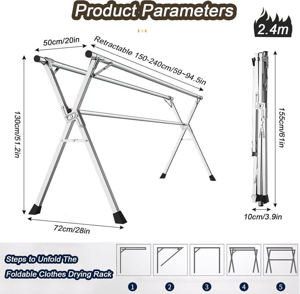 Hanging Clothes Rack Retractable - Collapsible Clothing Rack - X-Shaped Stainless Steel Laundry Drying Rack - Free Standing Clothes Rack with Non-Slip Feet,2.4m/95in