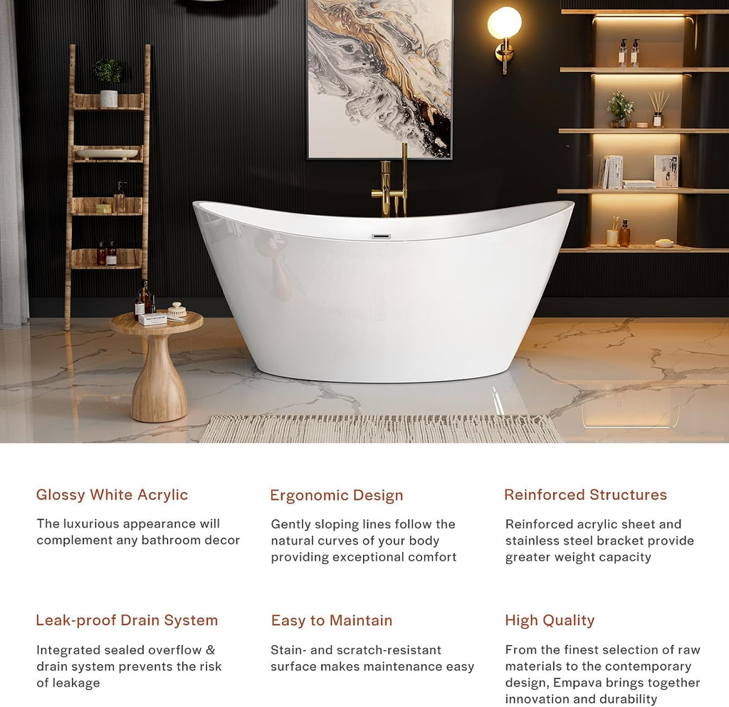 Empava 59' Freestanding Bathtub, Luxury Acrylic Soaking Tub with Custom Contemporary Design, Includes Brushed Nickel Drain and Overflow, Easy Installation, cUPC Certified, White