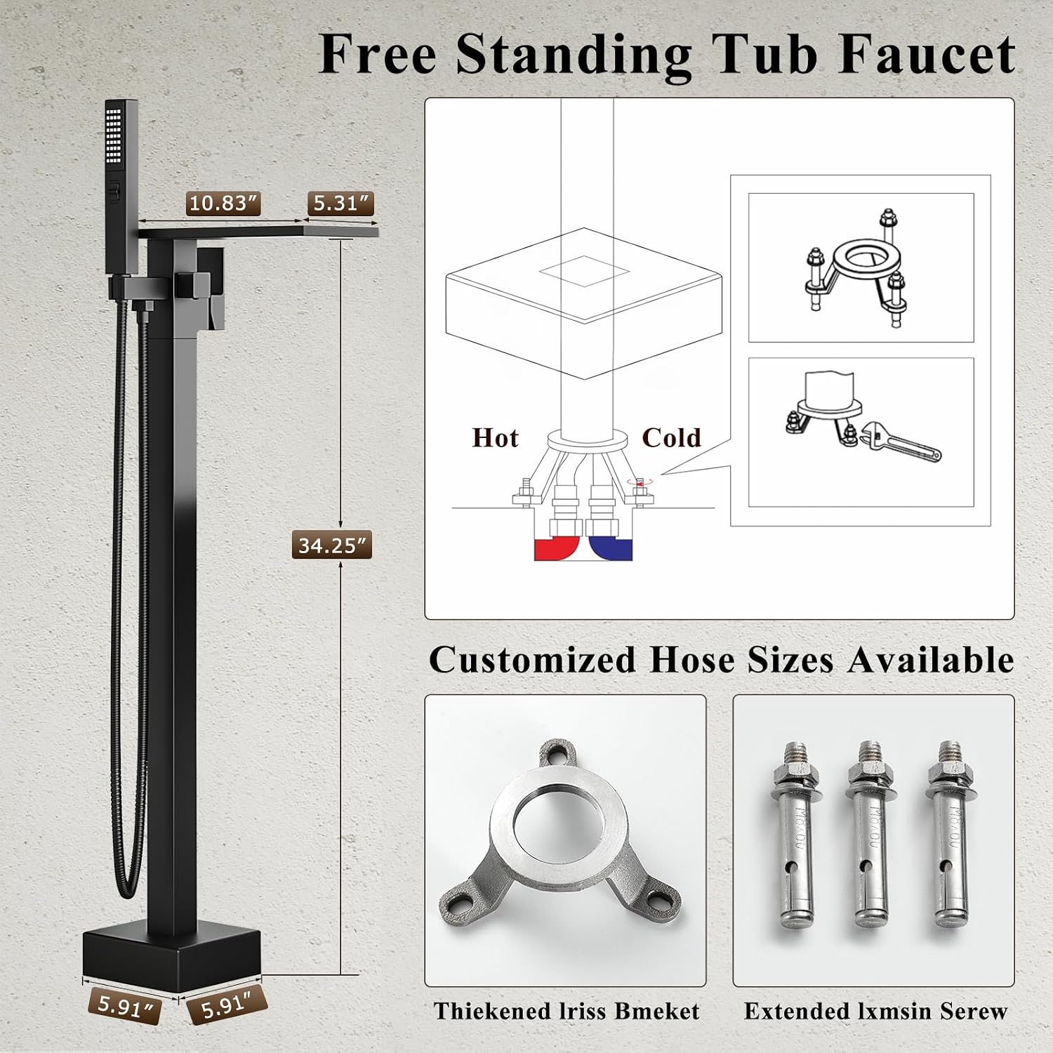 Freestanding Bathtub Faucet with Handheld Sprayer, Matte Black Floor Mount Tub Filler, High Flow Waterfall Brass Bath Shower Faucet for Modern Bathroom