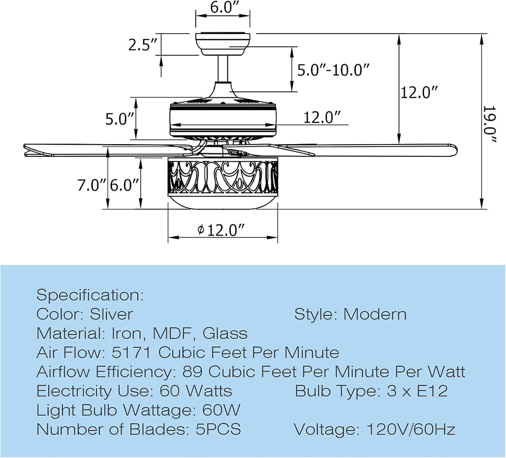 Tangkula 52?Ceiling Fan w/Lights & Remote Control, Lighting Fan w/5 Reversible Blades, 3 Wind Speed, Timer Function, Fan Lamp Suitable for Living Room, Bedroom (Silver)