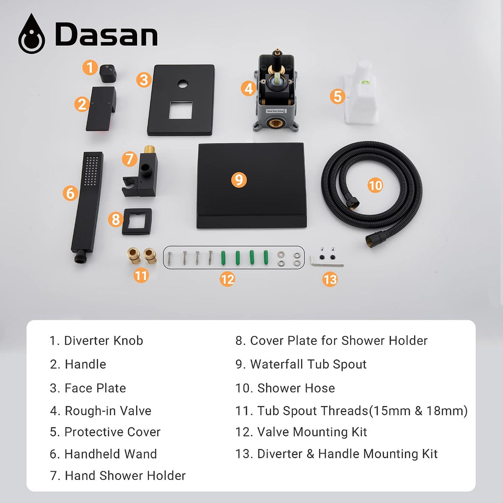 Upgraded Wall Mount Tub Filler Faucet with Handheld Shower, DASAN Modern Wall Mounted Bathtub Faucet Matte Black High Flow Waterfall Tub Faucet with Rough in Valve, SA-TF04WH-MB
