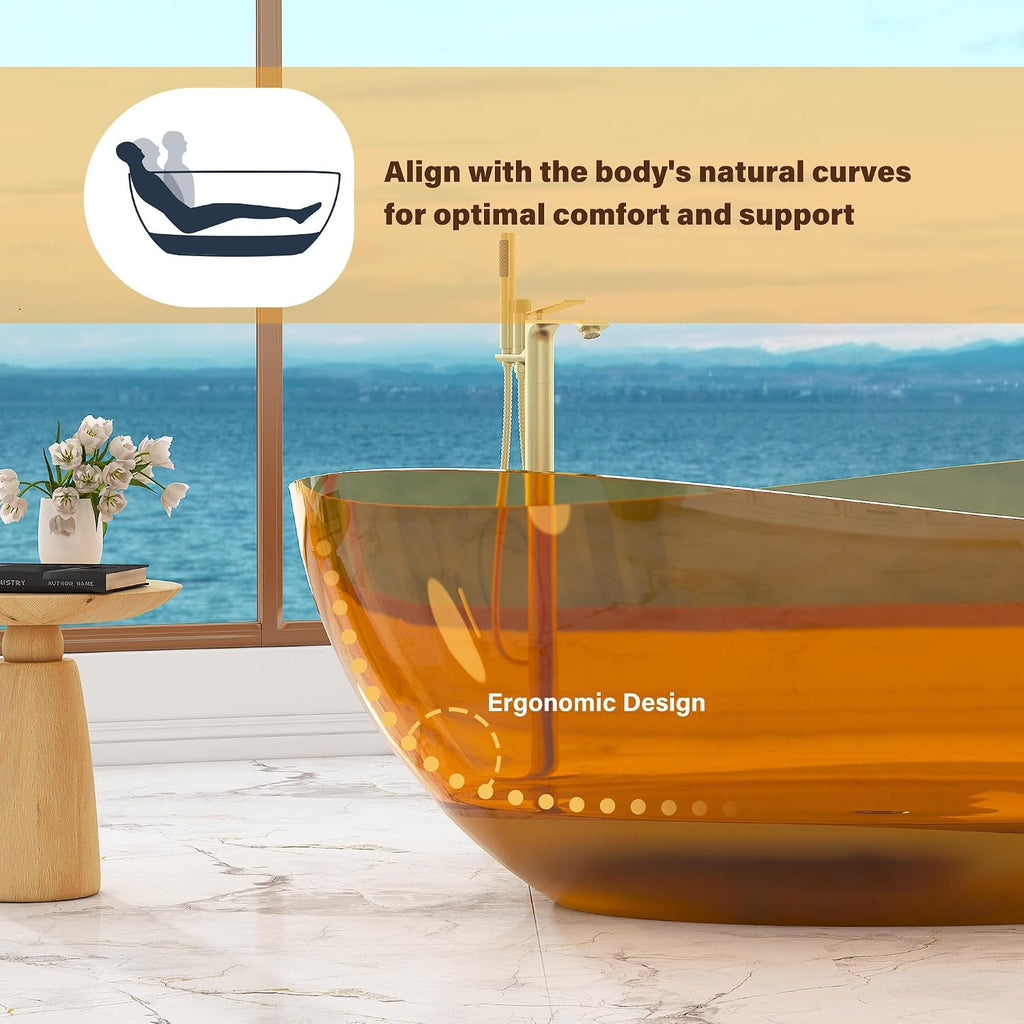 CASAINC 63' Freestanding Bathtub Transparent Resin Soaking Tub Modern Oval Design Stand Alone Tub with Pop-up Drain, 65.52 Gallons Water Storage Capacity and 385 MM Soaking Depth, Transparent Coffee