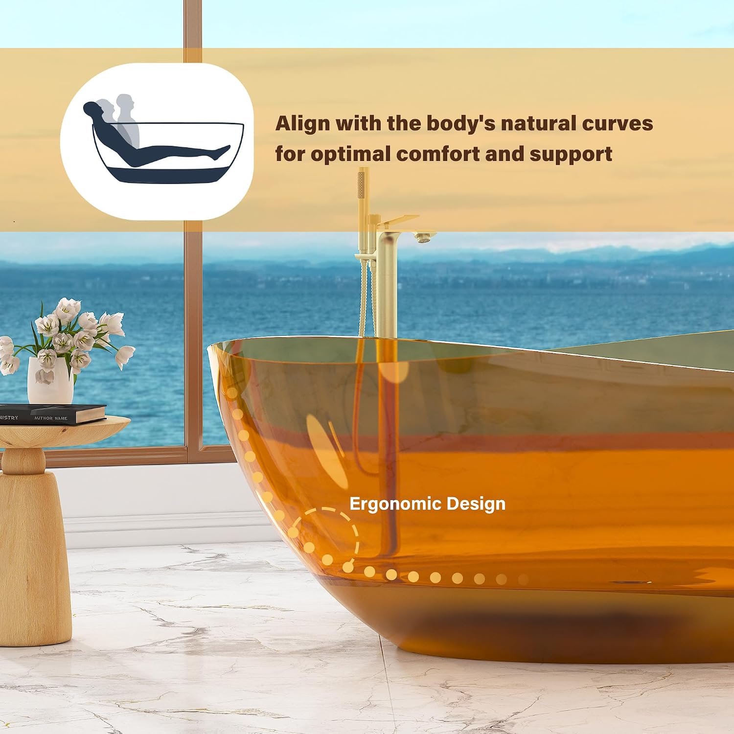 CASAINC 63' Freestanding Bathtub Transparent Resin Soaking Tub Modern Oval Design Stand Alone Tub with Pop-up Drain, 65.52 Gallons Water Storage Capacity and 385 MM Soaking Depth, Transparent Coffee