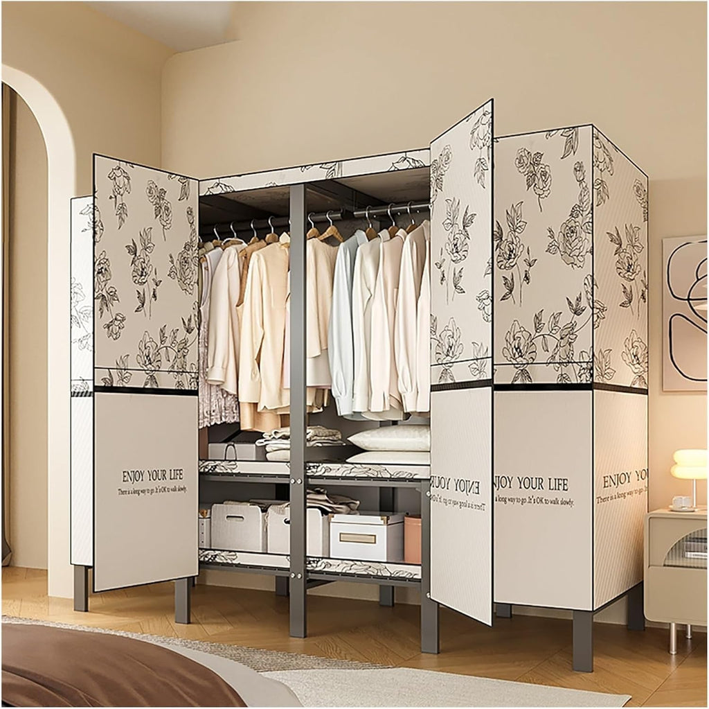 Portable Wardrobe Closet With Cover, Foldable Clothe Rack, Garment Rack For Hanging Clothes, Metal Clothes Storage Closet Organizer, Rack Shelf, For Bedroom(White,151cm/59.4inch)