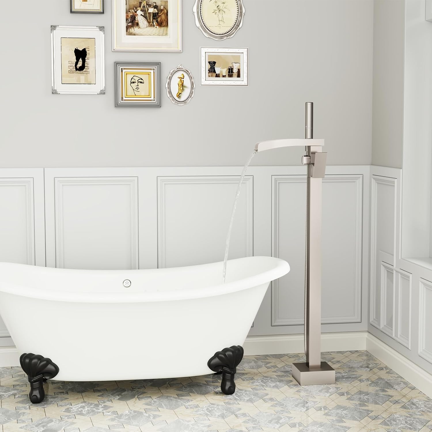 BESy Tub Filler Freestanding Bathtub Faucet Waterfall Floor Mount Brass Single Handle Bathroom Tub Faucets High Flow Bath Shower Faucets with 2 Function Handheld Sprayer Brushed Nickel
