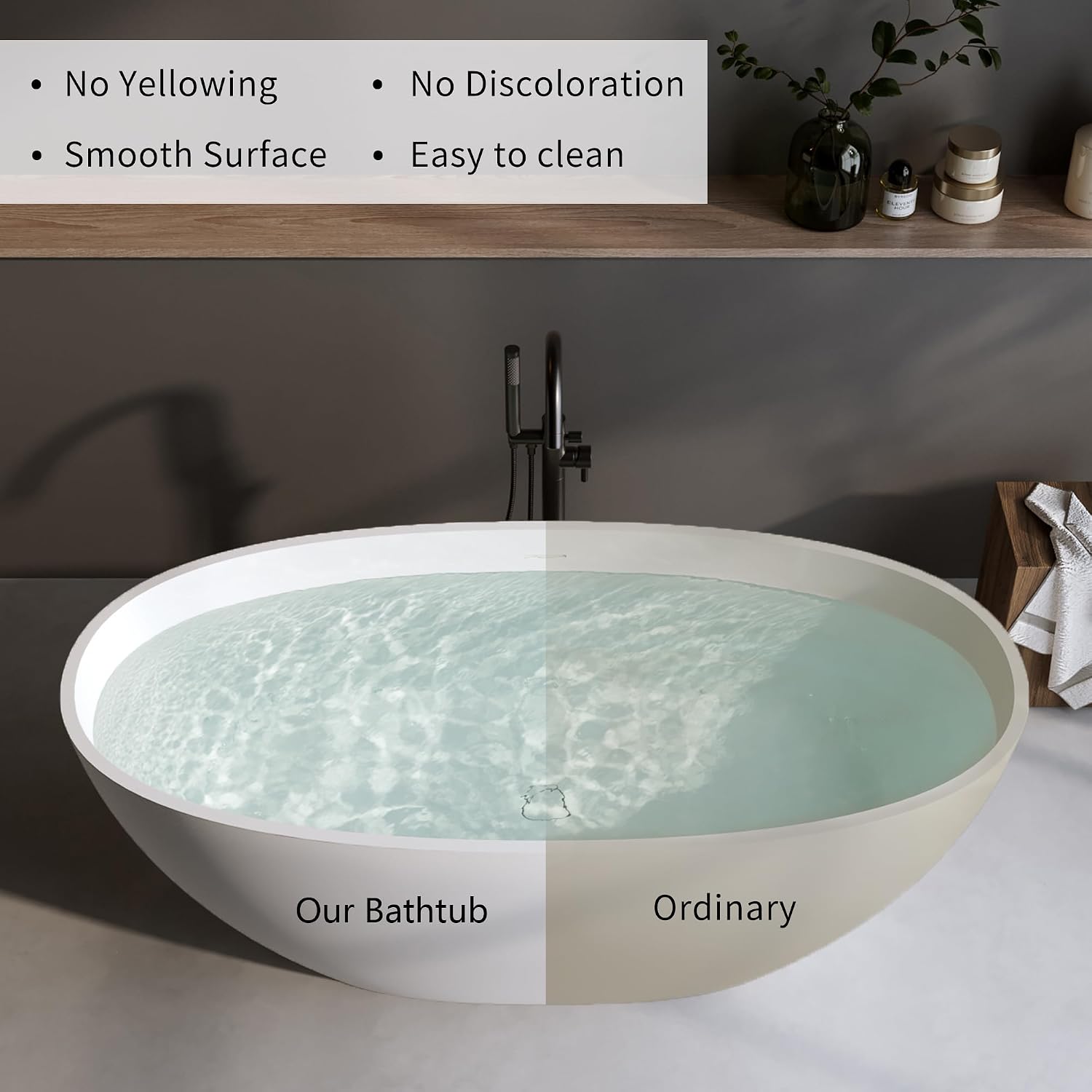 59' Stone Resin Freestanding Bathtub, Oval Shape Solid Surface Bathroom Freestanding Tubs, Stand Alone Soaking Tubs with Integrated Slotted Overflow and Drain, Matte White