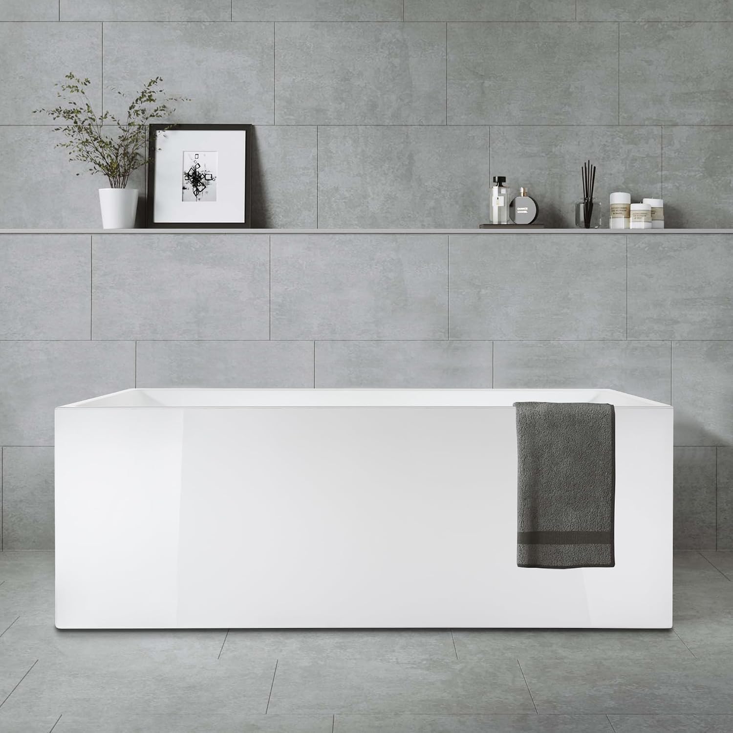 HomeBeyond 67 Inch Freestanding Tub | Acrylic Freestanding Bathtub, Square Flatbottom Freestanding Bathtub Stand Alone Tub with Pop-up Drain Overflow