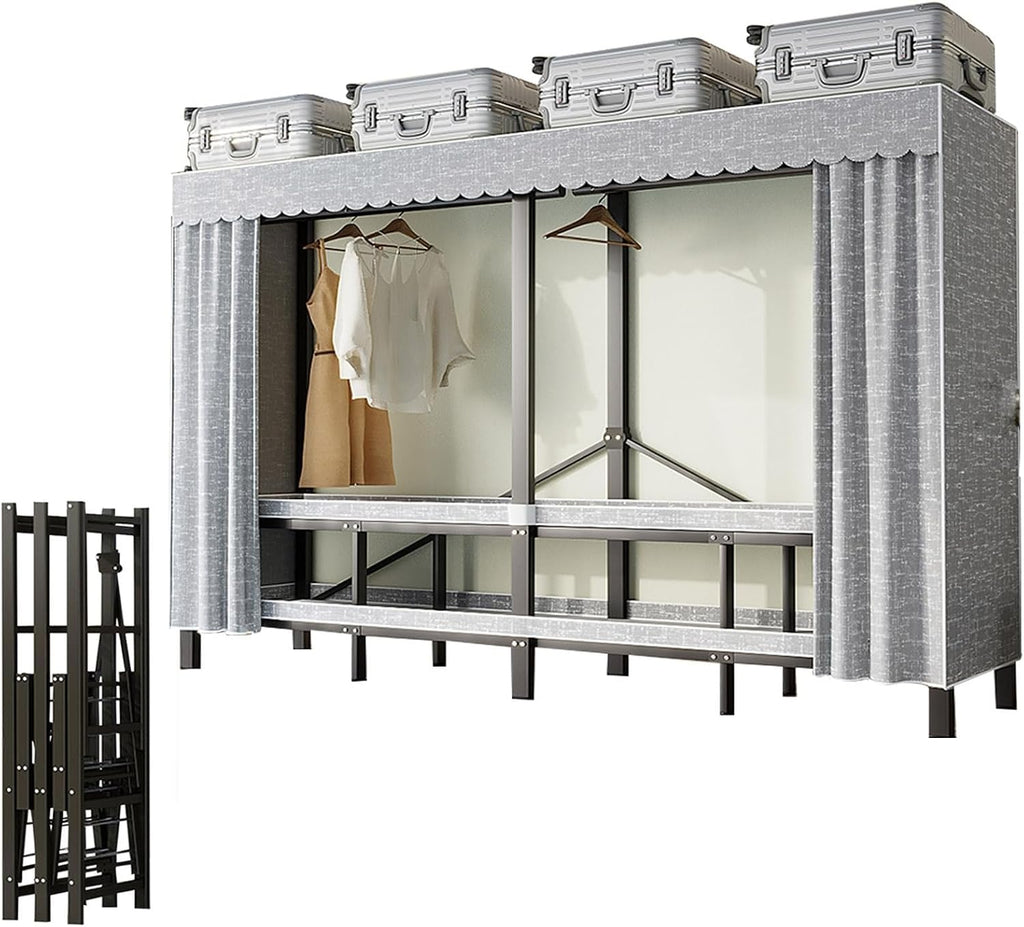 Wardrobe Clothes Organizer - Heavy Duty Metal Garment Rack With Fabric Cover And 2 Hanging Rods, Portable Foldable Wardrobe Closet, Fabric Wardrobe Closet, Load 1200 Lbs For Hanging Clothes(242cm/95.3