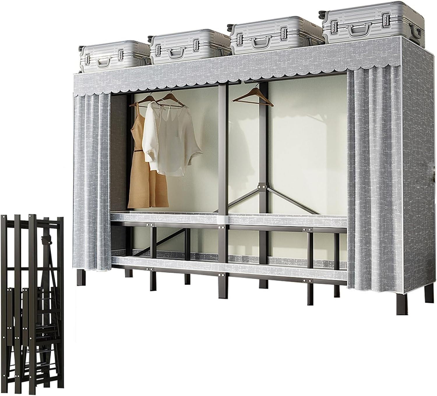Wardrobe Clothes Organizer - Heavy Duty Metal Garment Rack With Fabric Cover And 2 Hanging Rods, Portable Foldable Wardrobe Closet, Fabric Wardrobe Closet, Load 1200 Lbs For Hanging Clothes(242cm/95.3