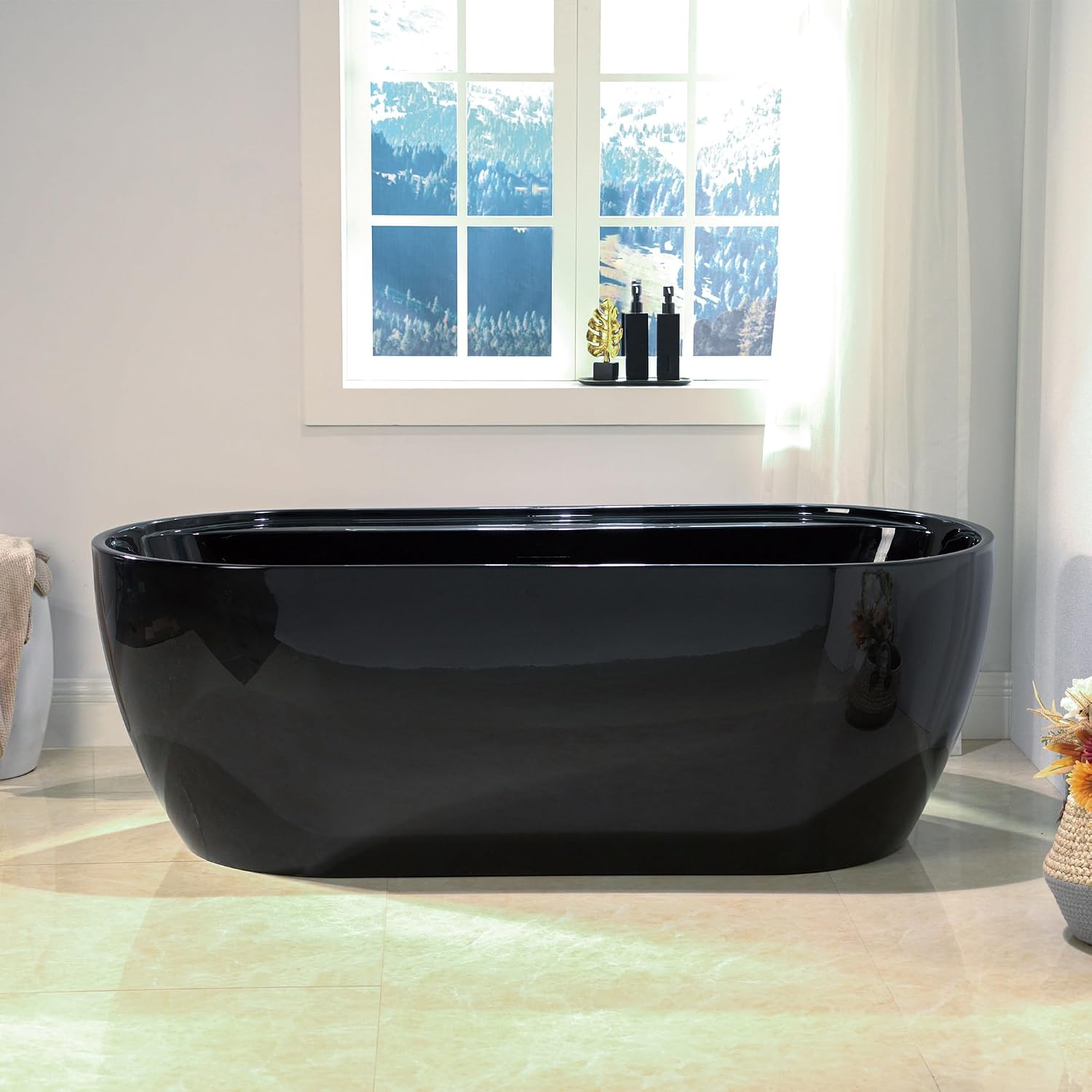 WOODBRIDGE 67' L x 31-1/2' W Freestanding Contemporary Acrylic Soaking Bathtub in Glossy Black Inside and Outside with Matte Black Drain & Overflow,B8863-MB