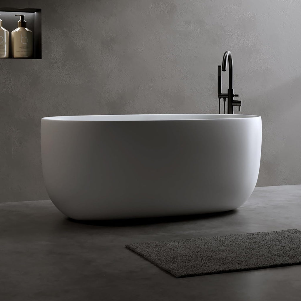 Favfurish 47' Freestanding Stone Resin Bathtub,Oval Shape Contemporary Soaking Tub w/Pop-Up Drain & Overflow, Compact Design for Small Spaces, Matte White