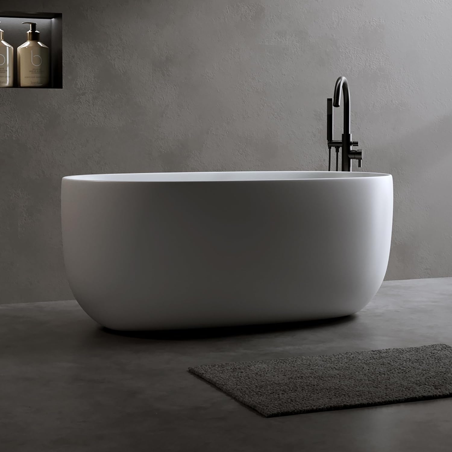 Favfurish 47' Freestanding Stone Resin Bathtub,Oval Shape Contemporary Soaking Tub w/Pop-Up Drain & Overflow, Compact Design for Small Spaces, Matte White