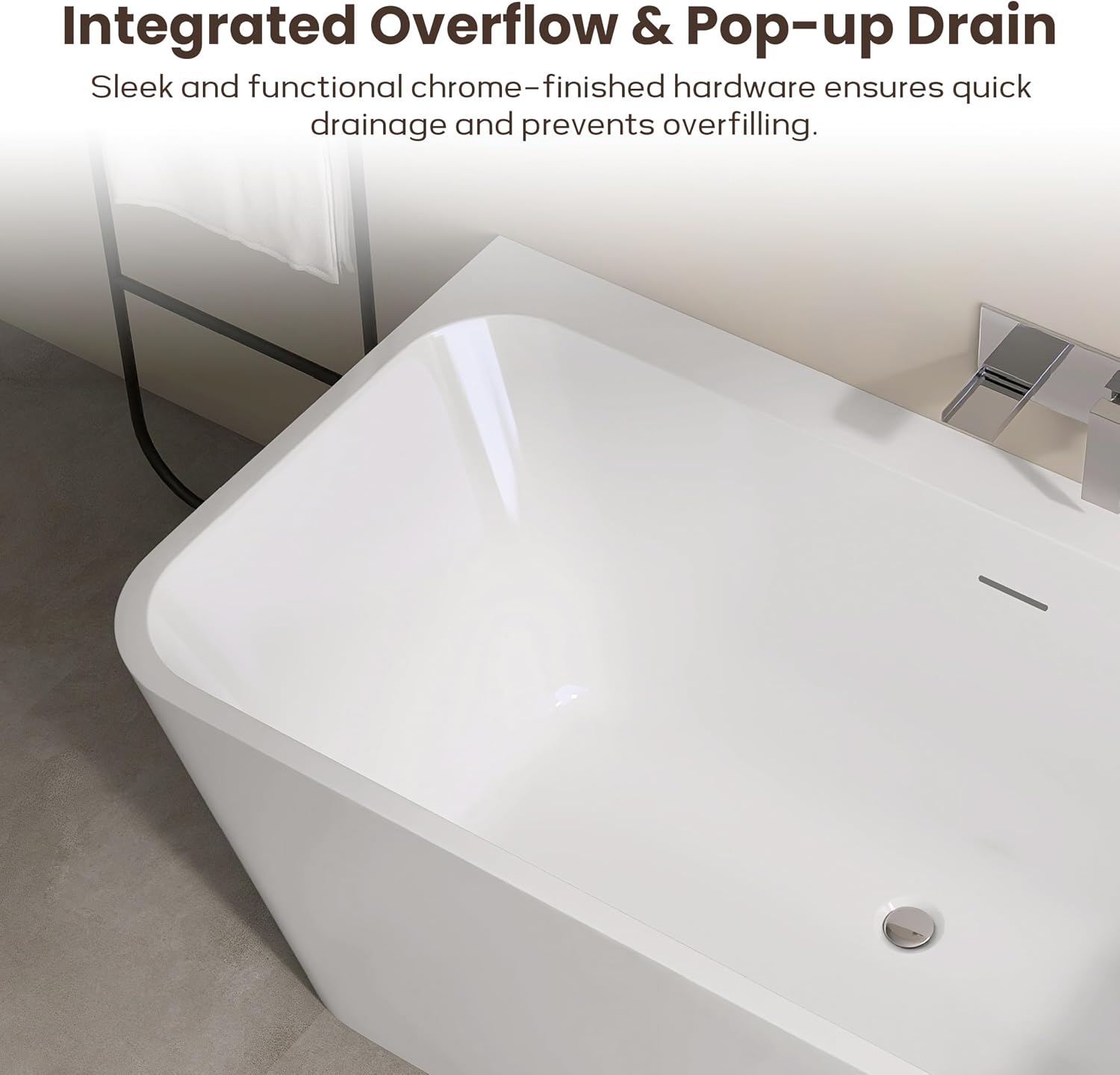 SJ STAR&JANE 59 Inch Acrylic Freestanding Bathtub,Modern Back to Wall Soaking Tub, Stand alone Acrylic Tub Integrated Center Drain & Overflow, Glossy White