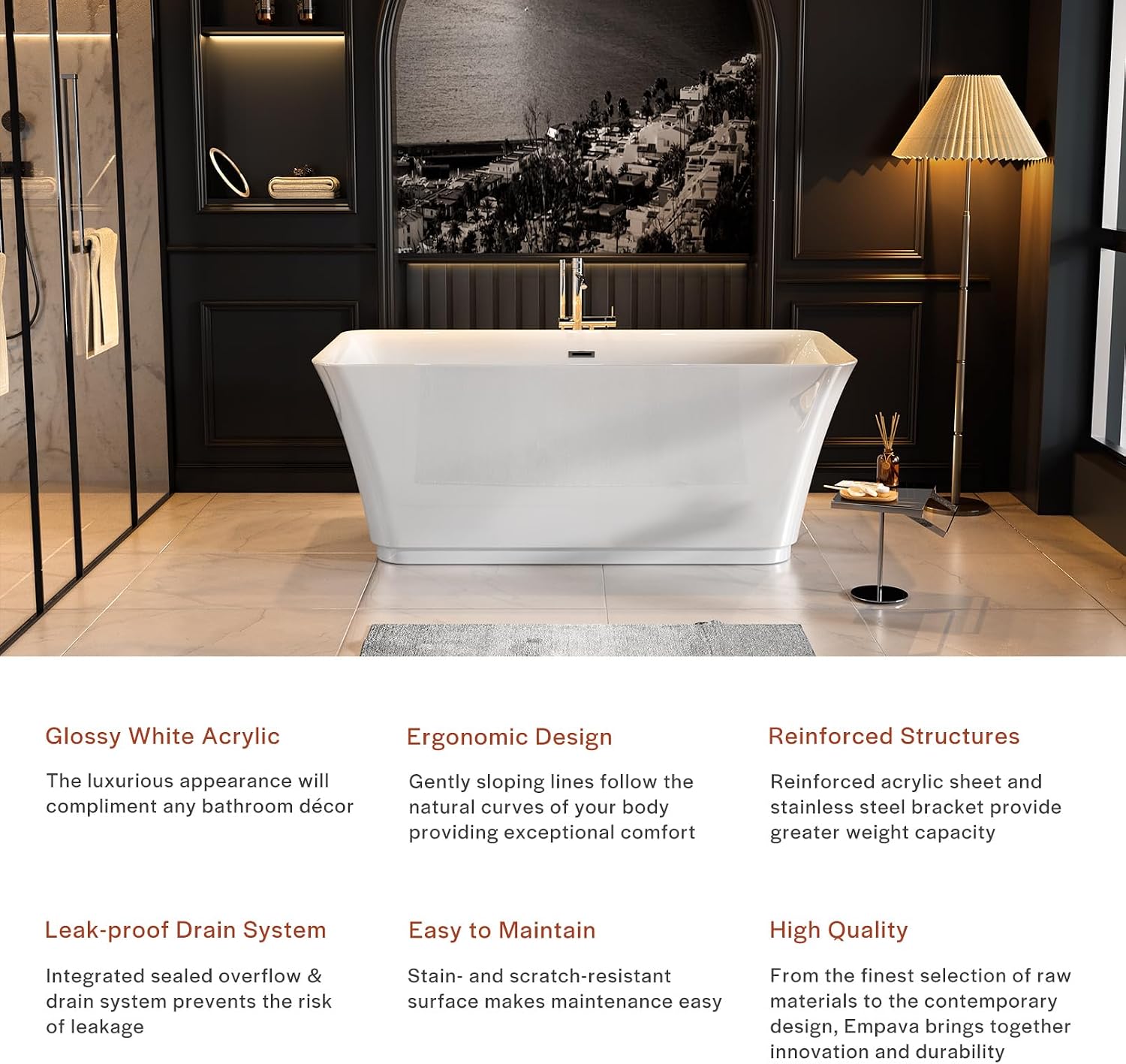 Empava 59 Inch Freestanding Bathtub - Modern Stand Alone Soaking Tubs with Integrated Drain & Overflow System, White