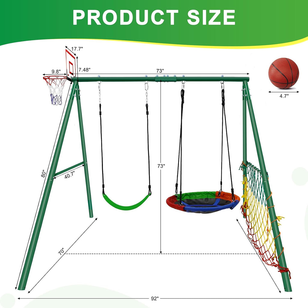 CYFIE Swing Set, Outdoor Playset for Kids with Saucer Swing, Belt Swing, Heavy Duty Metal Frame Swing Stand, Basketball Hoop and Soccer Goal, Swing Sets for Backyard, Playground, Park
