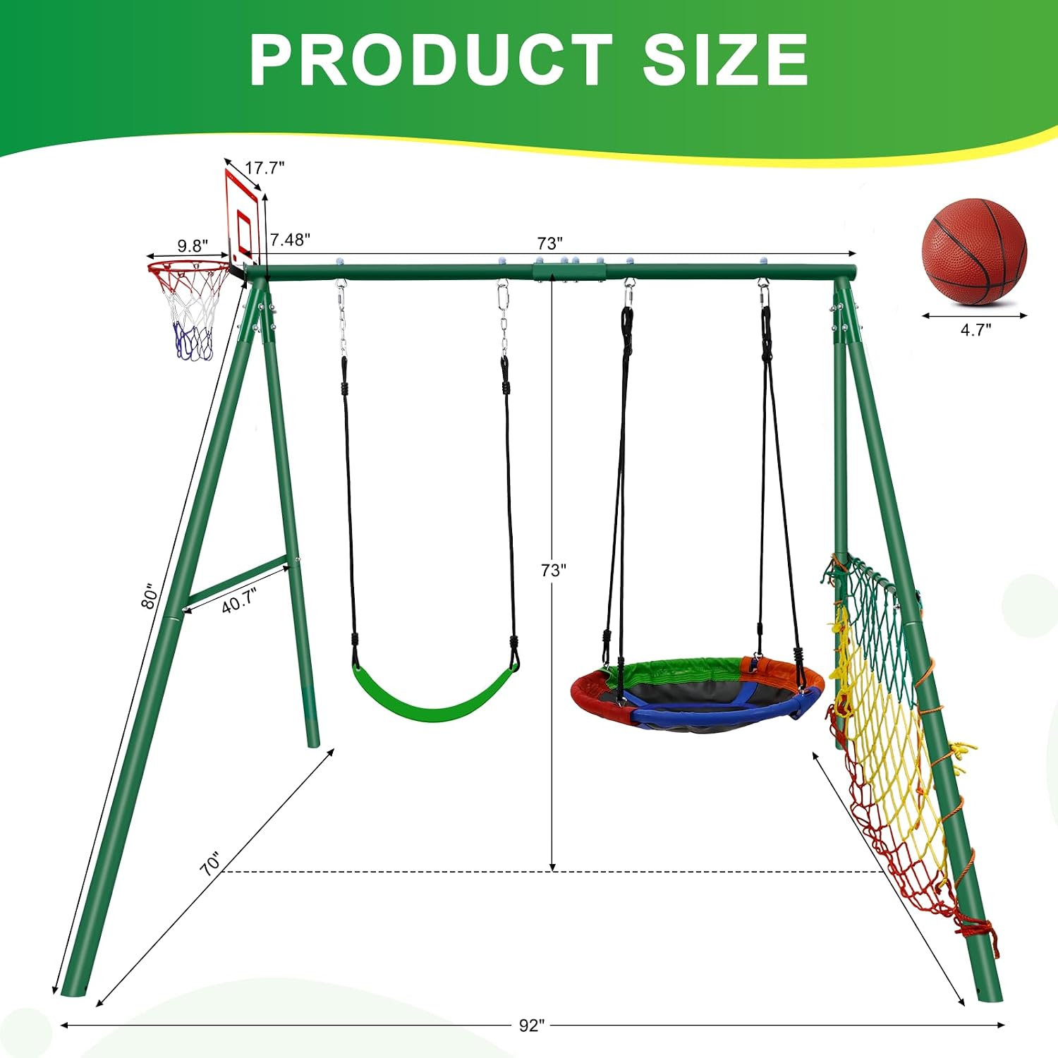 CYFIE Swing Set, Outdoor Playset for Kids with Saucer Swing, Belt Swing, Heavy Duty Metal Frame Swing Stand, Basketball Hoop and Soccer Goal, Swing Sets for Backyard, Playground, Park
