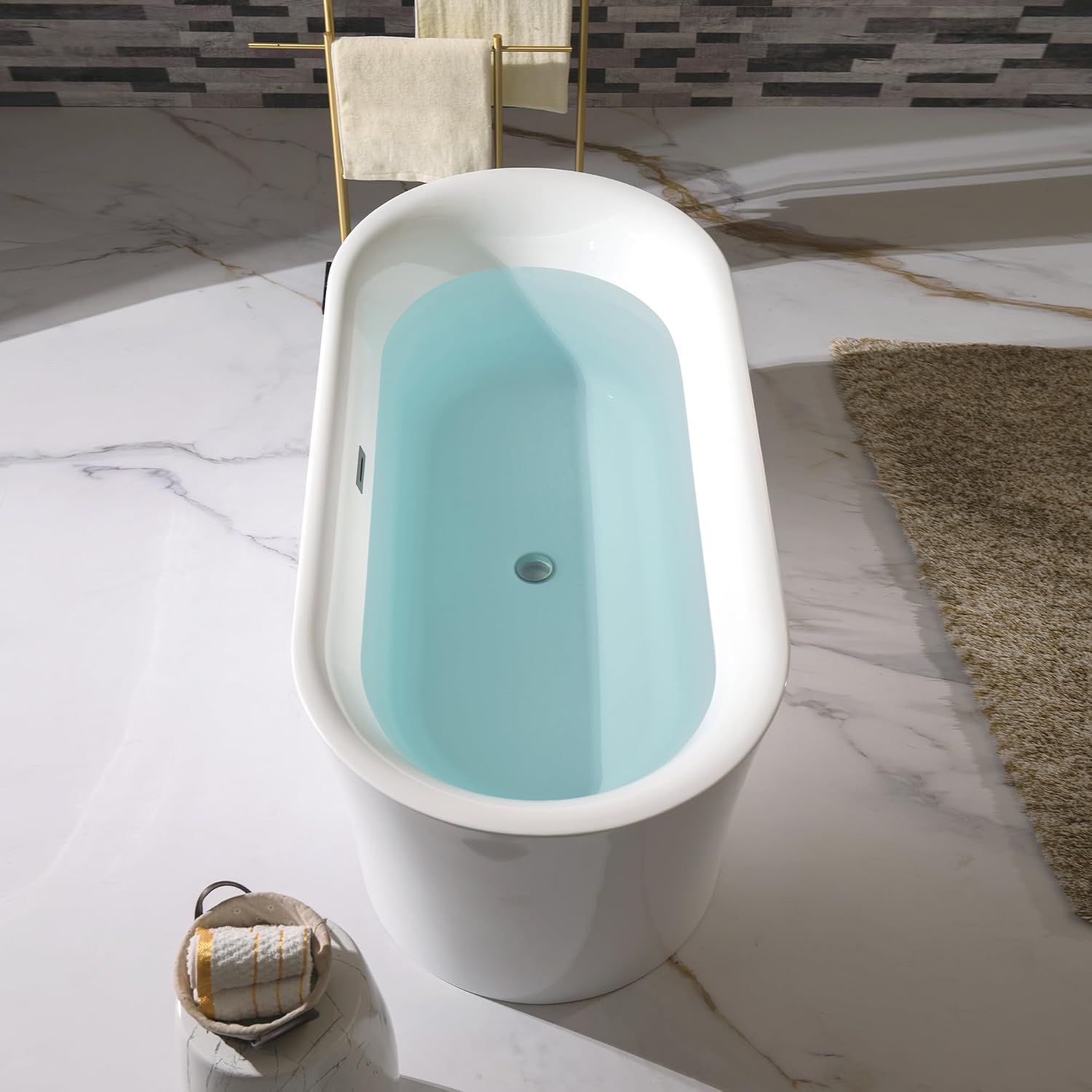 WOODBRIDGE 67' Acrylic Freestanding Bathtub Contemporary Soaking Tub with Brushed Nickel Overflow and Drain,White Tub,B0057-BN