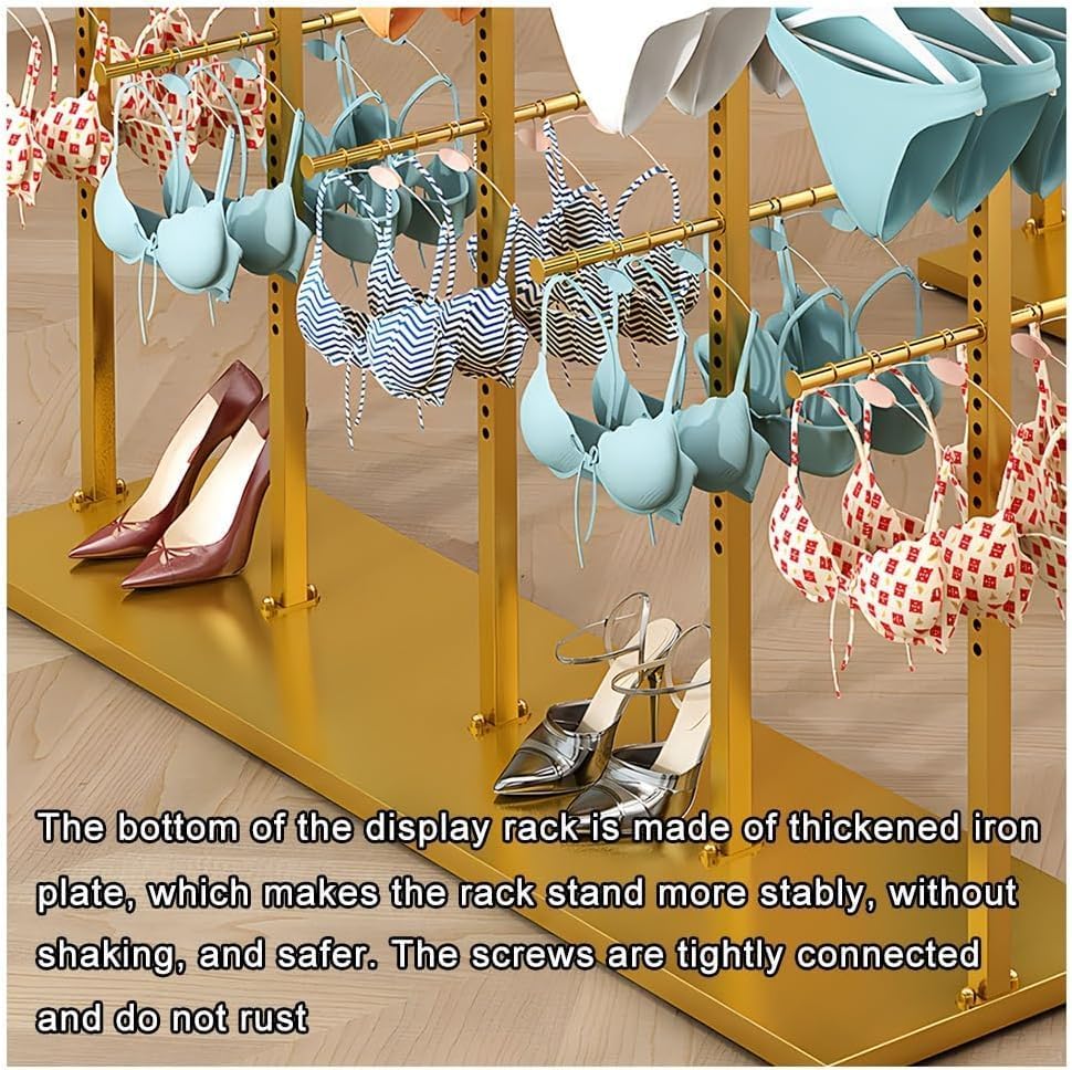 Freestanding Clothing Store Display Rack - Adjustable Gold Lingerie & Socks Stand, Floor-Standing Underwear Organizer, Retail Shelves for Bras & Shorts (130x40x130cm)