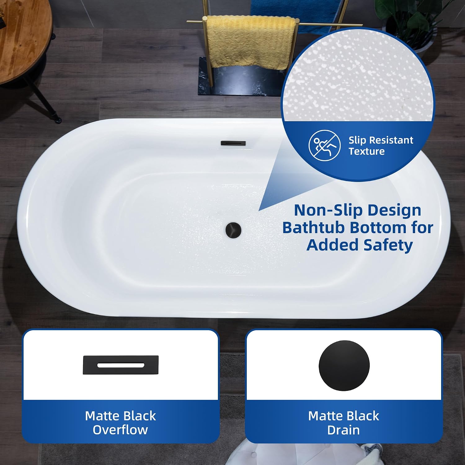 WOODBRIDGE 67' Acrylic Freestanding Bathtub Contemporary Soaking Tub with Matte Black Overflow and Drain,White Tub