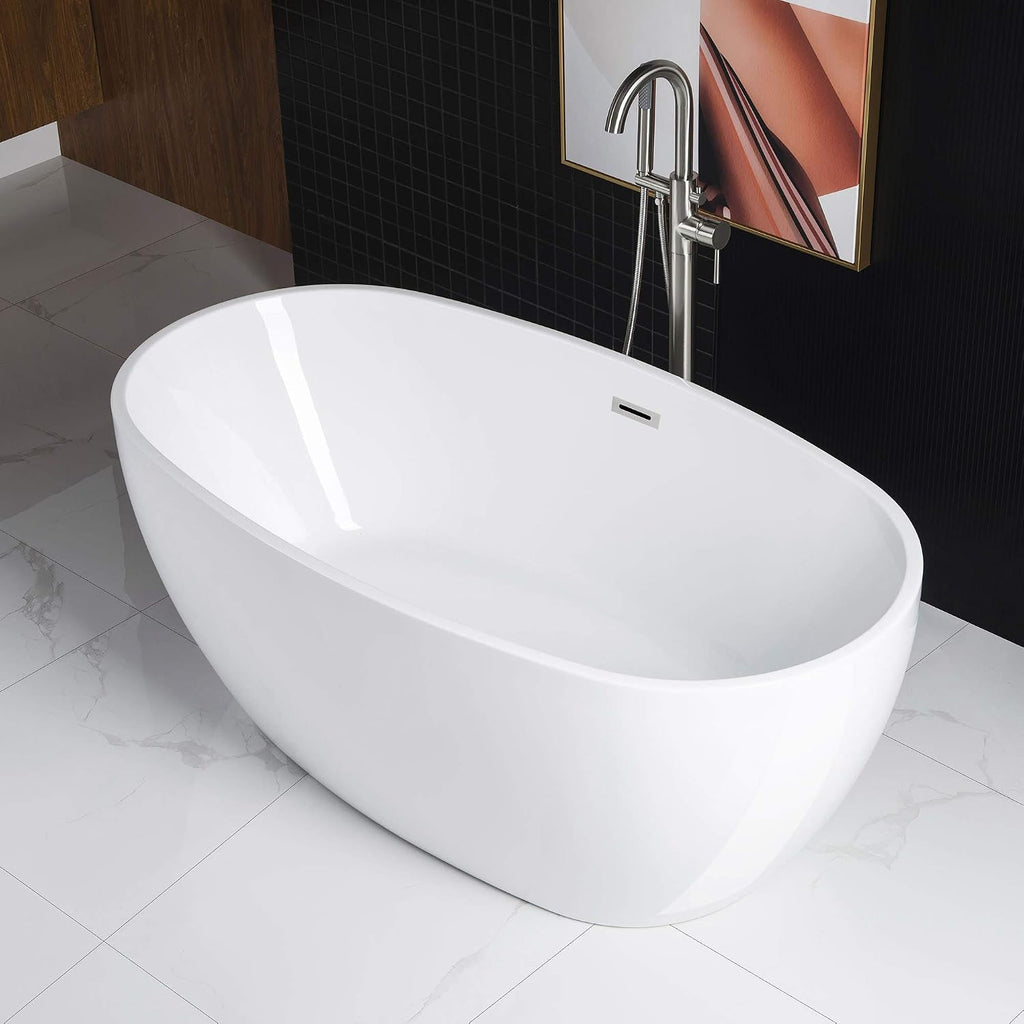 WOODBRIDGE 59'Freestanding White Acylic Soaking Bathtub with Brushed Nickel Drain and Overflow,BTA1518 -B/N-Drain &O