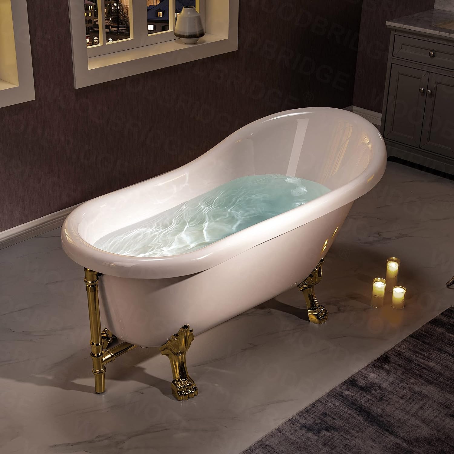 WOODBRIDGE 59' Heavy Duty Acrylic Slipper Clawfoot Bath Tub with Polished Gold Feet + Polished Gold Drain &Overflow