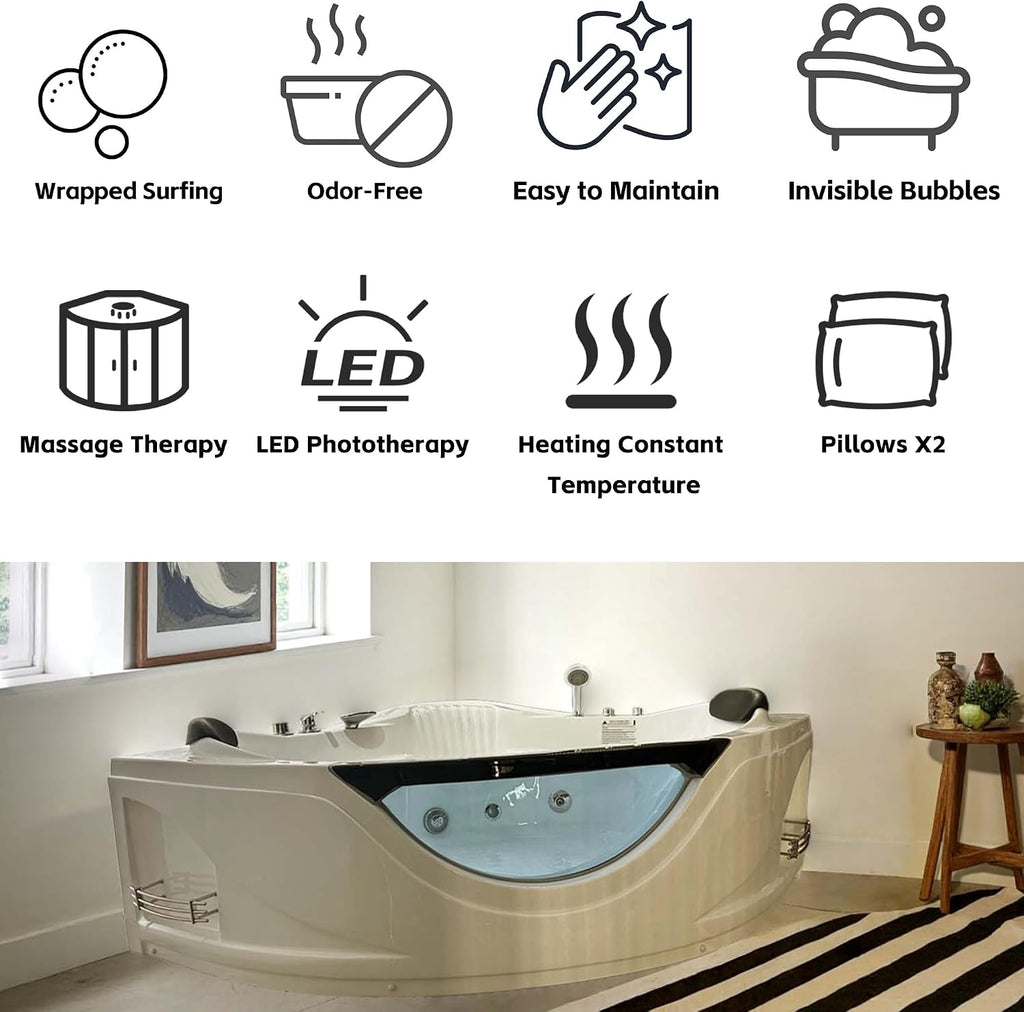 59'x59' Jetted Corner Tubs with 6 Whirlpool Nozzles, 2 Person Massage Whirlpool Bathtub with Pillows, Hydro Massage, Chromatherapy LED Lights, Certified Water Pump, Pneumatic Adjust System
