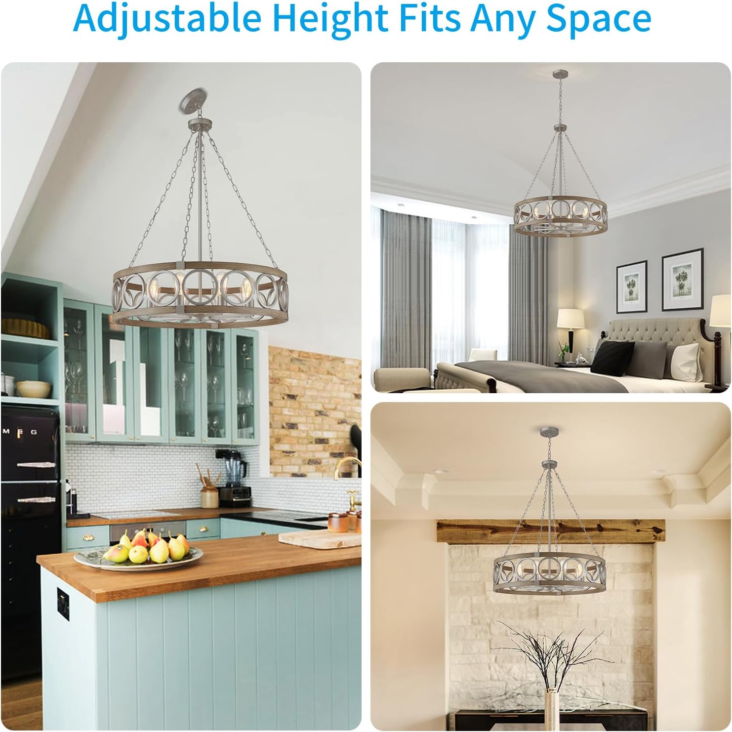 XINGQI 8-Light Modern Chandelier Large Round Drum Chandeliers for Dining Room 32.3' Rustic Pendant Brushed Nickel Light Fixture Over Table Farmhouse Metal Wood Grain Finish