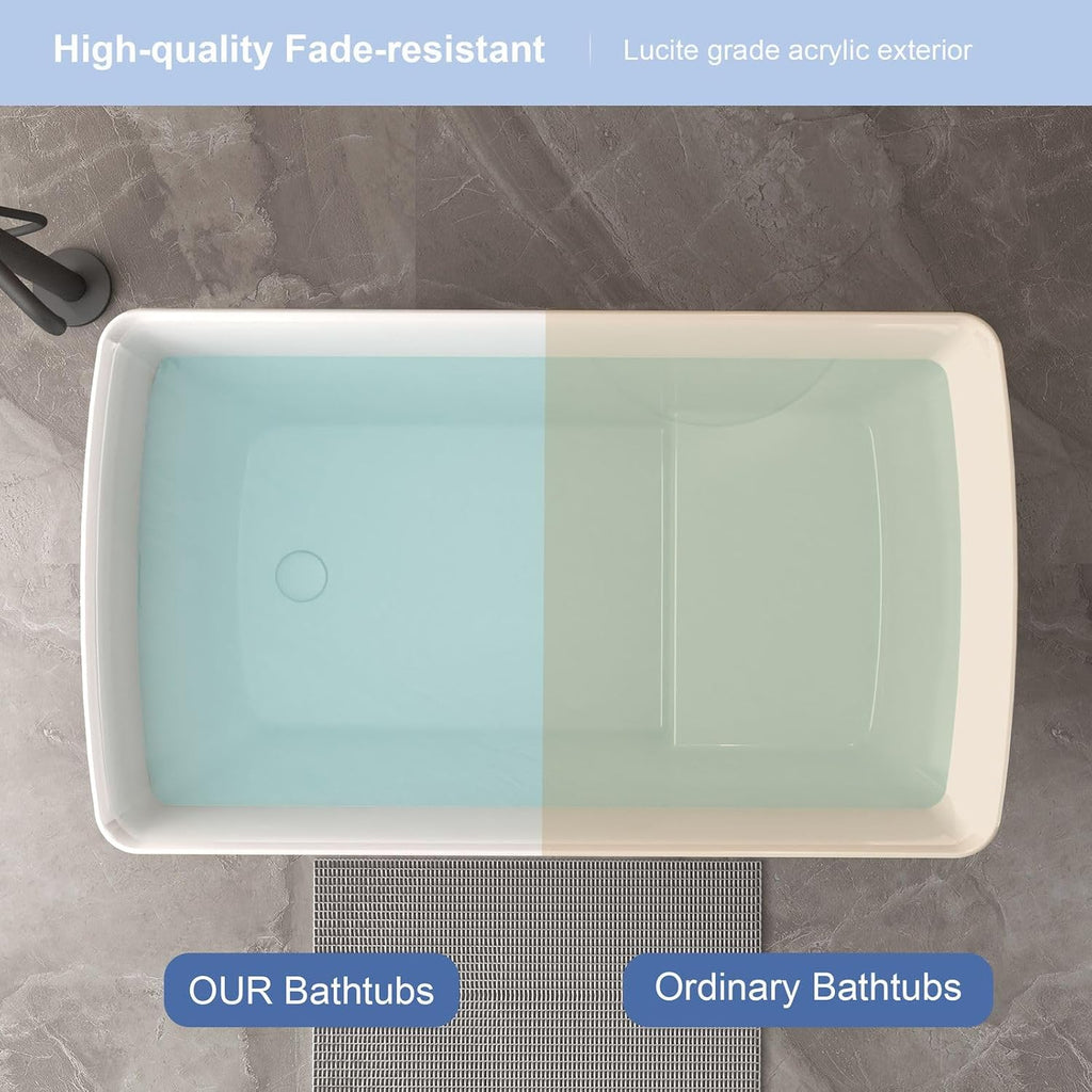 47' Acrylic Freestanding Bathtub with Seat, Square-Shape Japanese Soaking Tub, Stand Alone Bathtub with Chrome Overflow & Drain for Bathroom, Gloss White