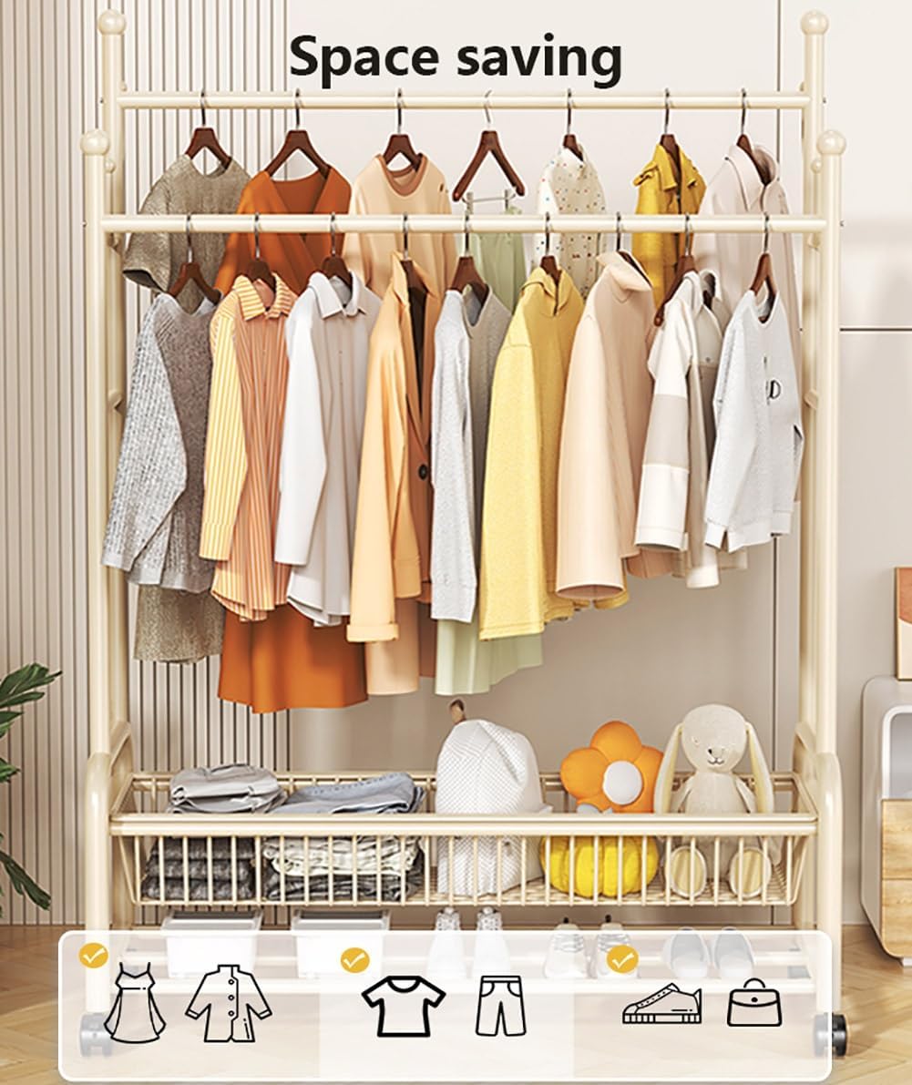 Double Garment Rack with Wheels, 100x45x170cm, Sturdy, Rolling Metal Clothes Rack with Shoe Shelf and Hooks for Closet
