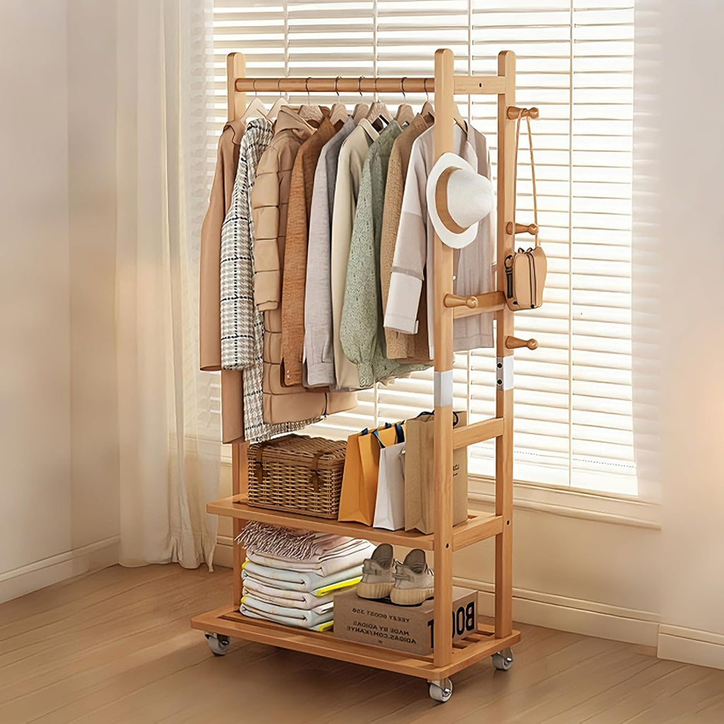 Solid Wood Clothing Rack, Heavy Duty Clothes Racks with Wheels, Rolling Garment Rack with 2 Shelves Storage, for Hallway Bedroom Living Room Entryway (Natural wood color, Small)