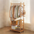Solid Wood Clothing Rack, Heavy Duty Clothes Racks with Wheels, Rolling Garment Rack with 2 Shelves Storage, for Hallway Bedroom Living Room Entryway (Natural wood color, Large)