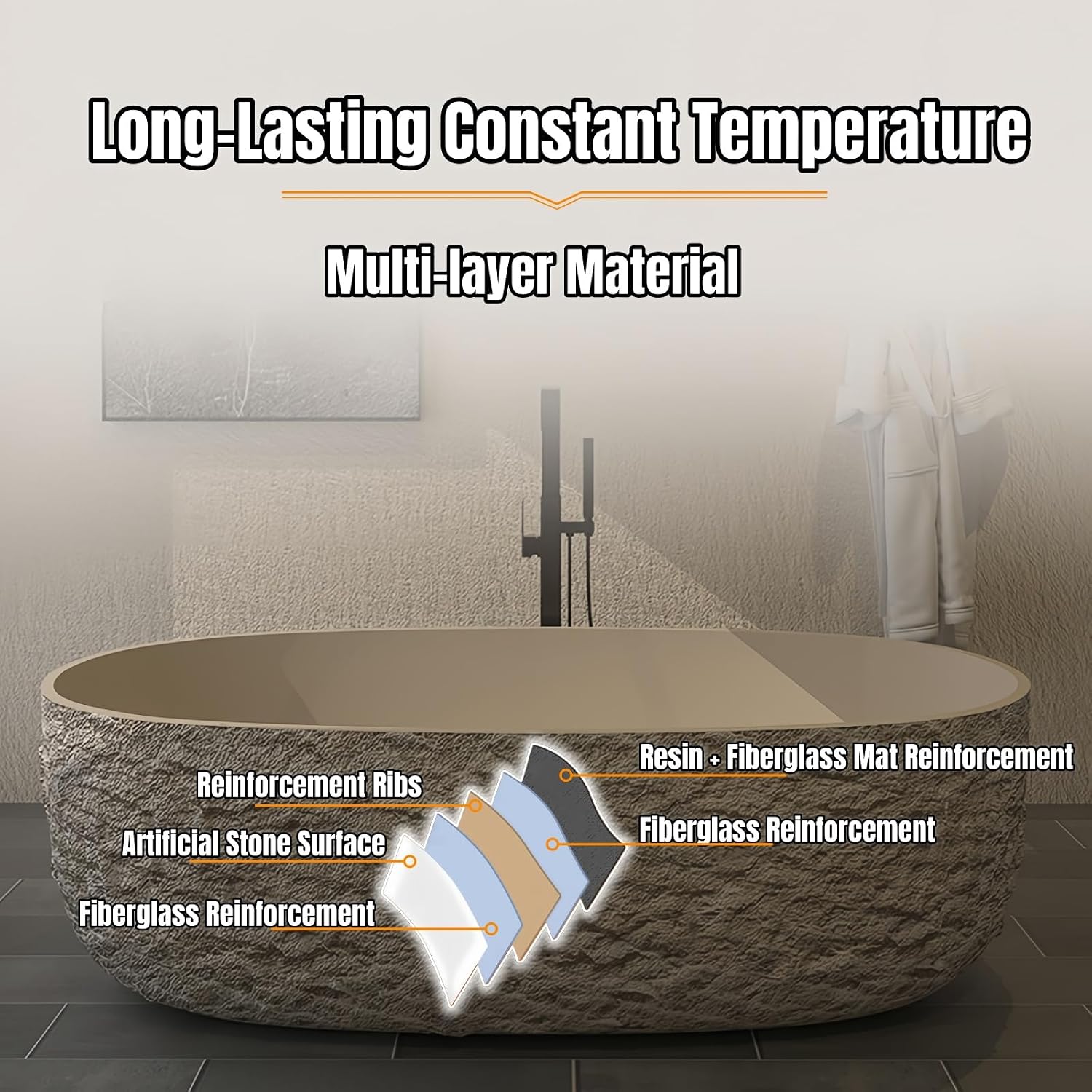 68' Edeyeu Freestanding Bathtub - Modern Solid Surface Bathtub Soaker Tub with Extra Deep Design, Durable One-Piece Stand Alone Tub for Spa-Like Soaking Experience, with Drain rock color