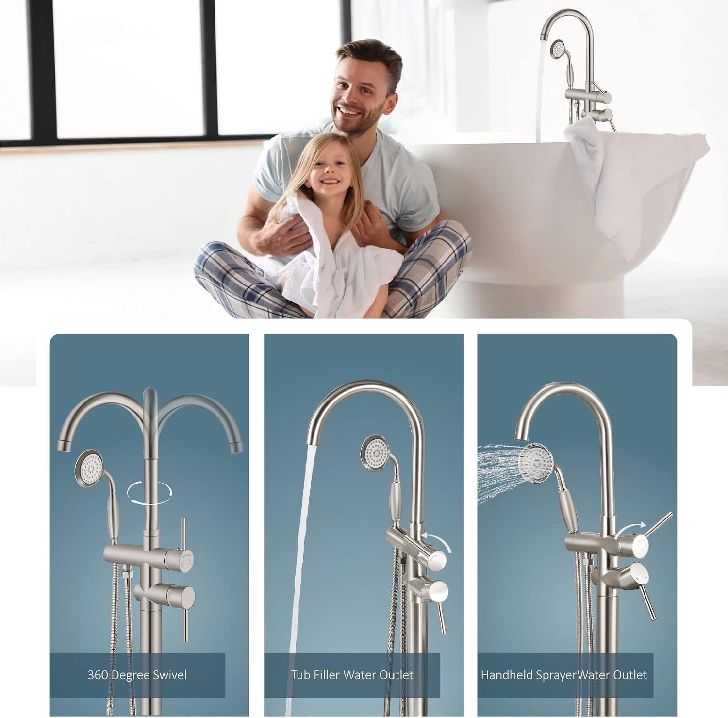 Aolemi Floor Mount Bathtub Faucet Freestanding Tub Filler Standing High Flow Shower Faucets with Vintage Handheld Brushed Nickel