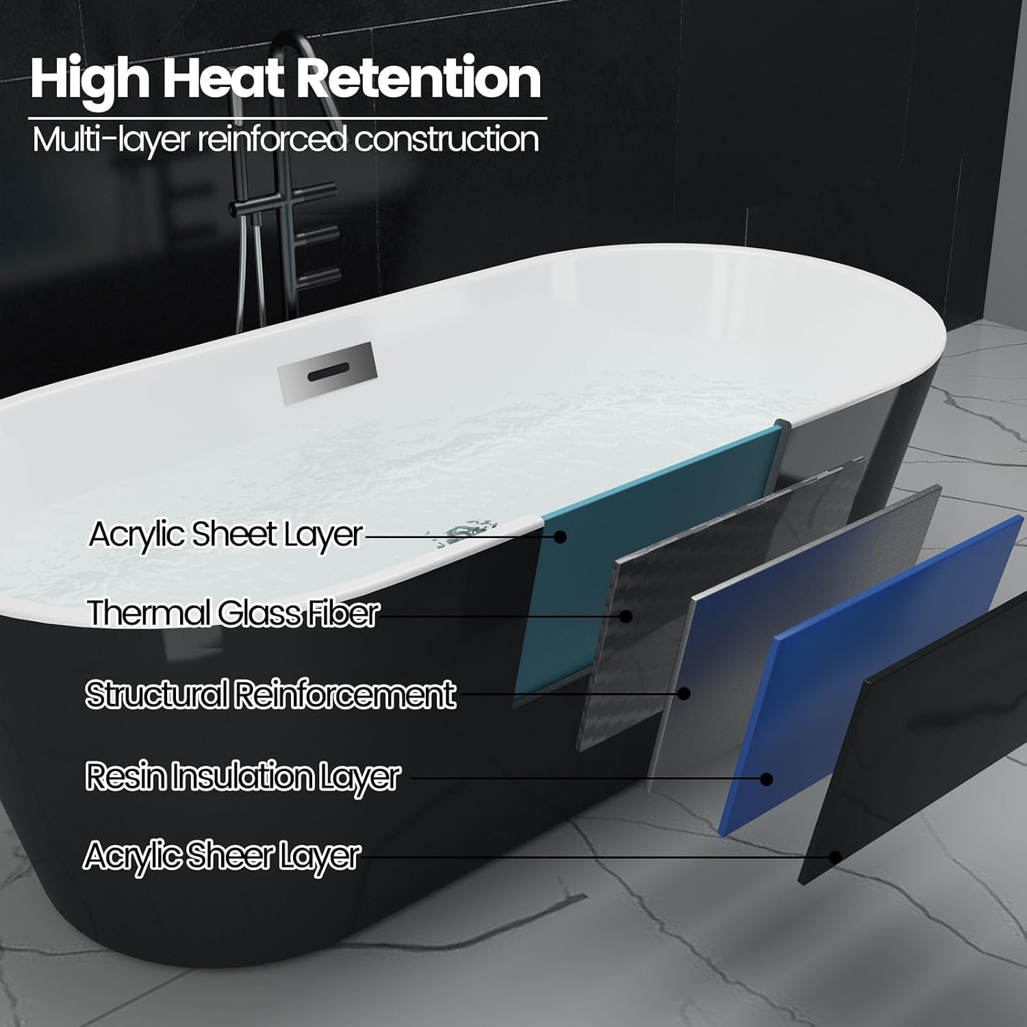 Freestanding Bathtub 67 inch Black and White Acrylic Soaking Tub with Chrome Drain and Overflow, Deep Home Spa Bath for Bathroom Remodel and Comfortable Soaking