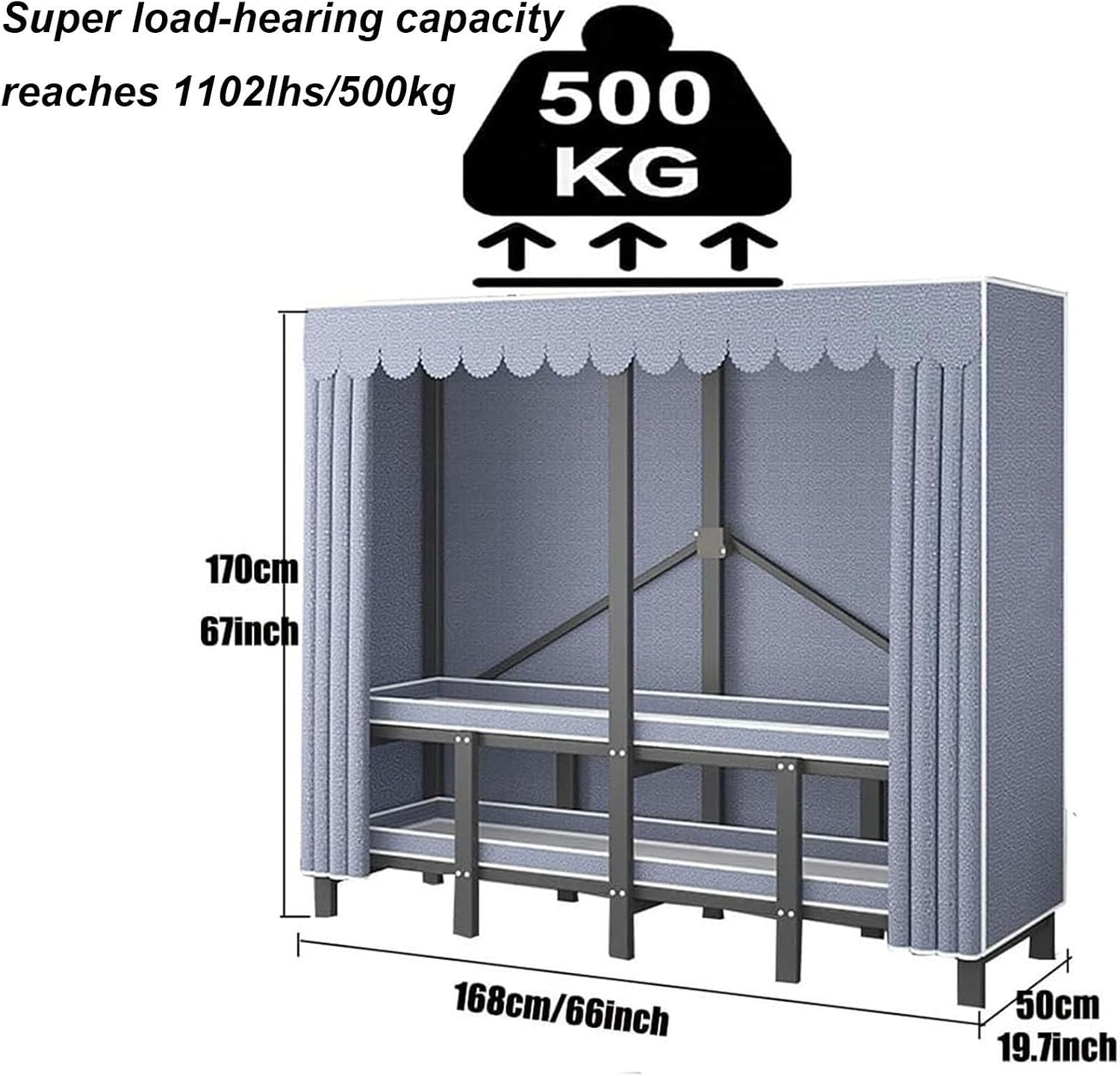 Portable Closet, Free Standing Clothing Rack with Shelf Foldable Design Garment Rack with Grey Cover Clothing Storage Rack for Bedroom Wardrobe, Heavy-duty Portable Closet Load 1100lb(66inch/168cmx19.