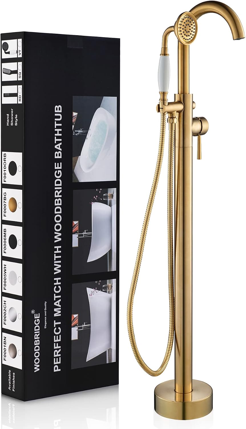 WOODBRIDGE Contemporary Single Handle Floor Mount Freestanding Tub Filler Faucet with Hand Shower in (Brushed Gold) Finish,F0007-BGVT