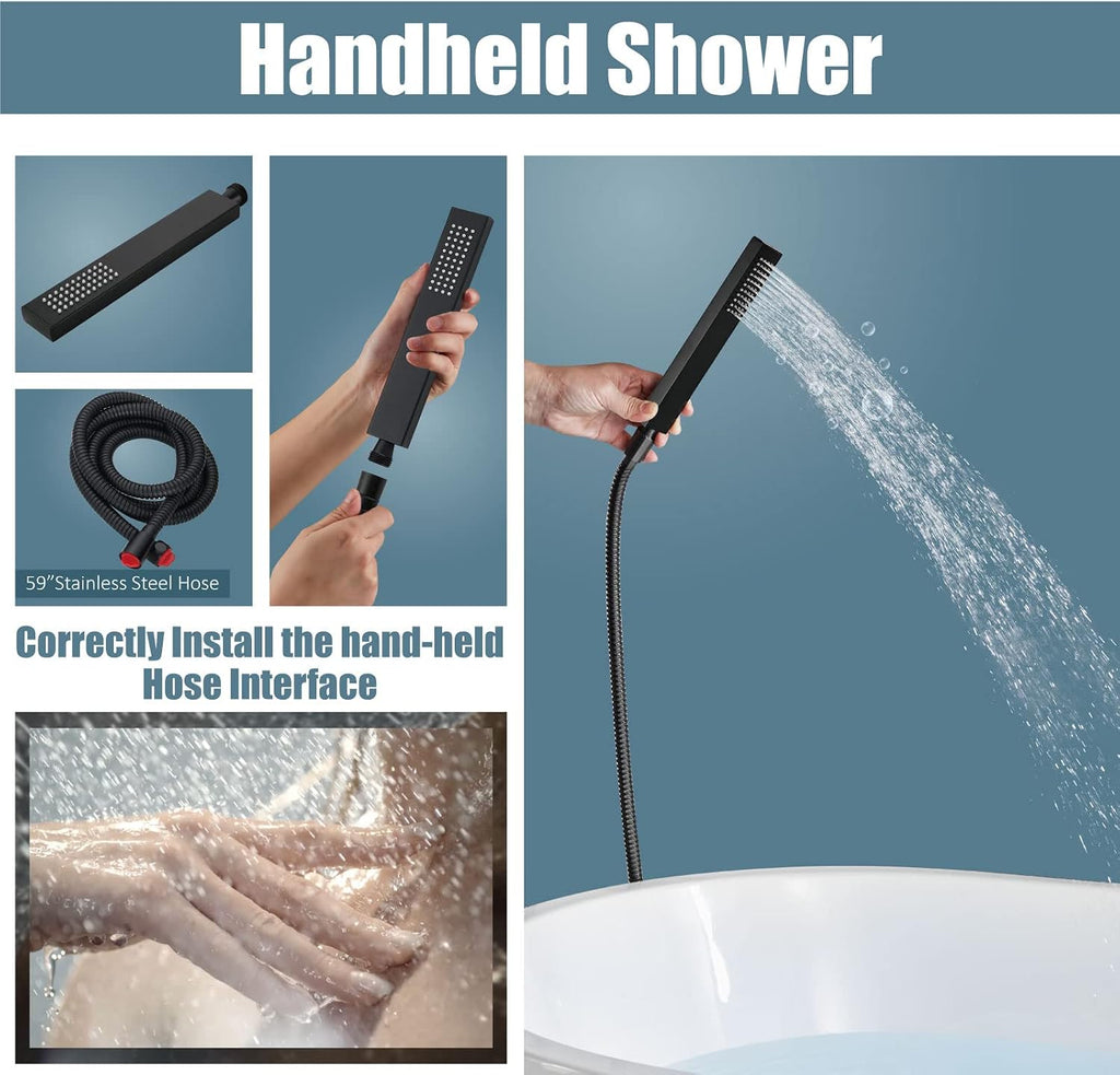 Aolemi Freestanding Bathtub Faucet Floor Mount Tub Filler with Handheld Spray Single Handle Free Standing Bathroom Faucets Swivel Curved Waterfall Spout Matte Black