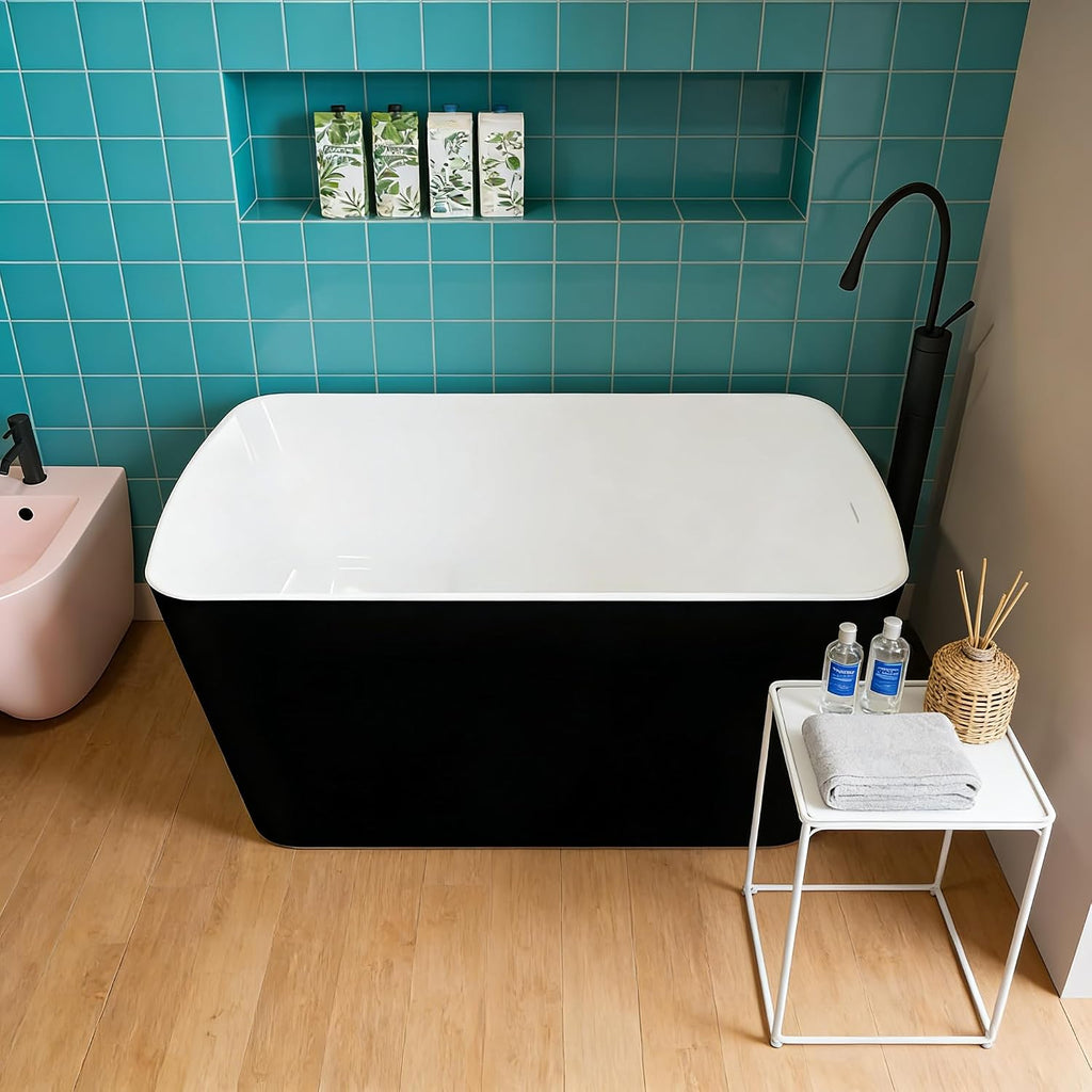 49' Acrylic Freestanding Bathtub, Soaking Tub with Seat, Toe-Tap Drain, Slotted Overflow, Deep Ergonomic Design, cUPC Certified, Black