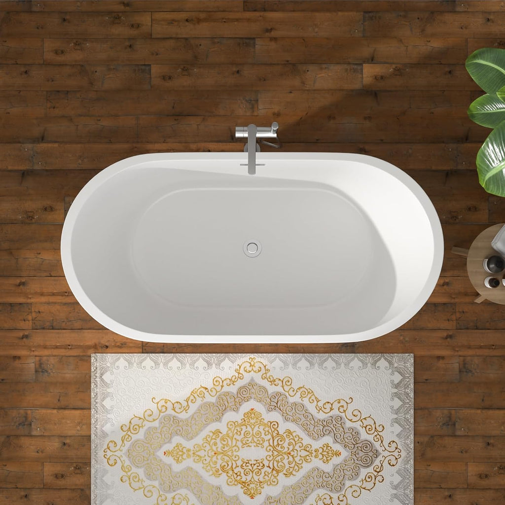 59 Inch Freestanding Acrylic Bathtub White Roll Top Soaking Tub with Smooth Curved Rim, Chrome Drain and Overflow, YSB9216