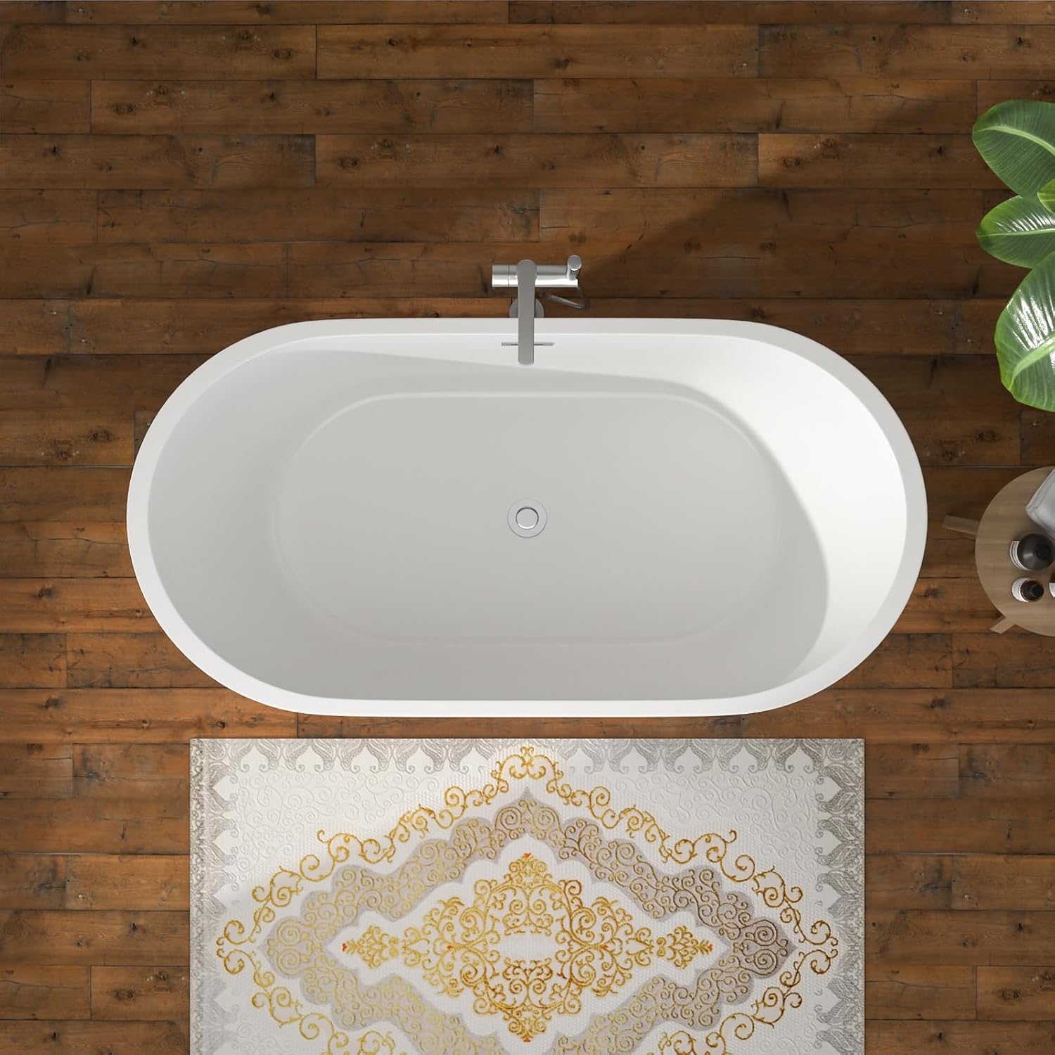 59 Inch Freestanding Acrylic Bathtub White Roll Top Soaking Tub with Smooth Curved Rim, Chrome Drain and Overflow, YSB9216