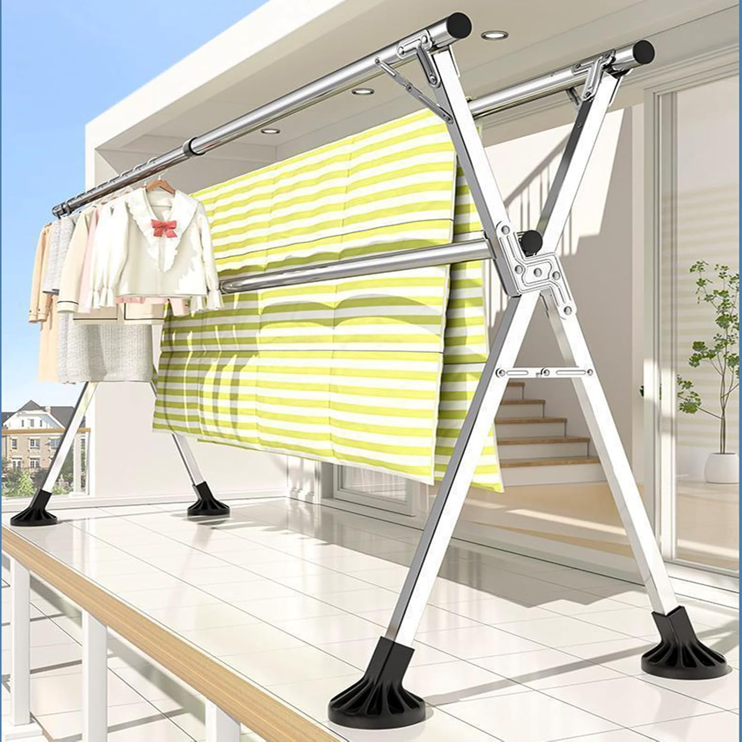 Upgraded Free Standing Clothes Rack Retractable, Foldable Drying Clothes Rack Heavy Duty Collapsible Garment Rack, 3 Poles Cloth Drying Rack with 20 Hooks and 12 Clips,1.1~1.6m (3.6ft~5.2ft)