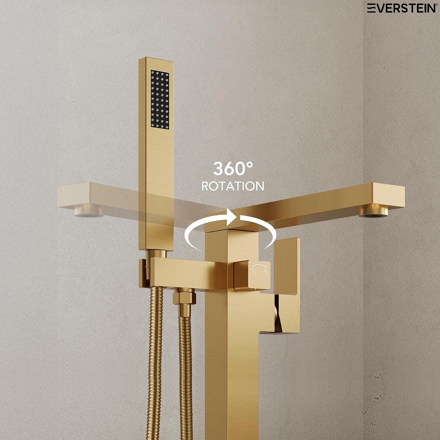 Freestanding Bathtub Faucet with Hand Held Shower, Floor Mount Tub Filler, Brass Bath Tub Faucet, Valve Included，Brushed Gold