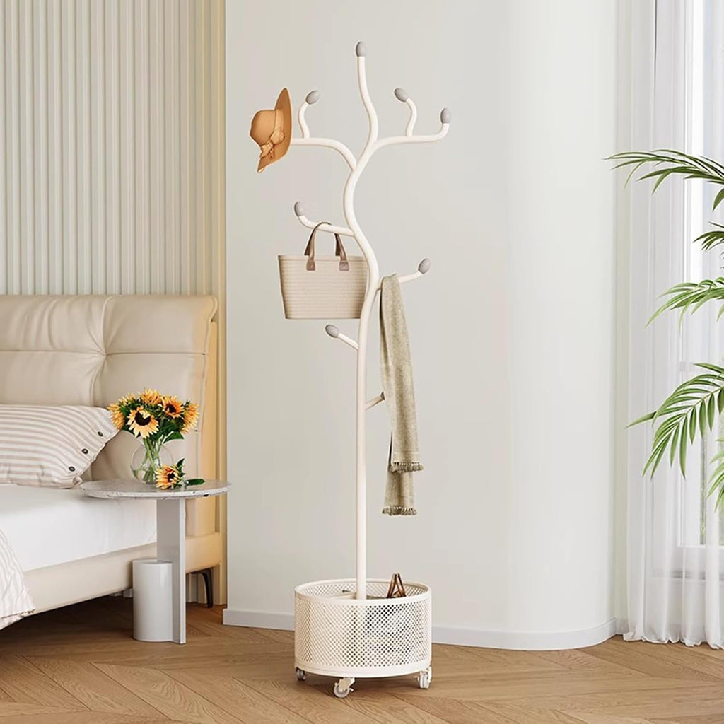 Heavy Duty Garment Rack Coat Rack with Storage Basket and 9 Hooks, Freestanding Clothes Hanger Stand with Wheels, Space Saving Clothing Rack for Entryway, Bedroom, Office, White, 42X175CM