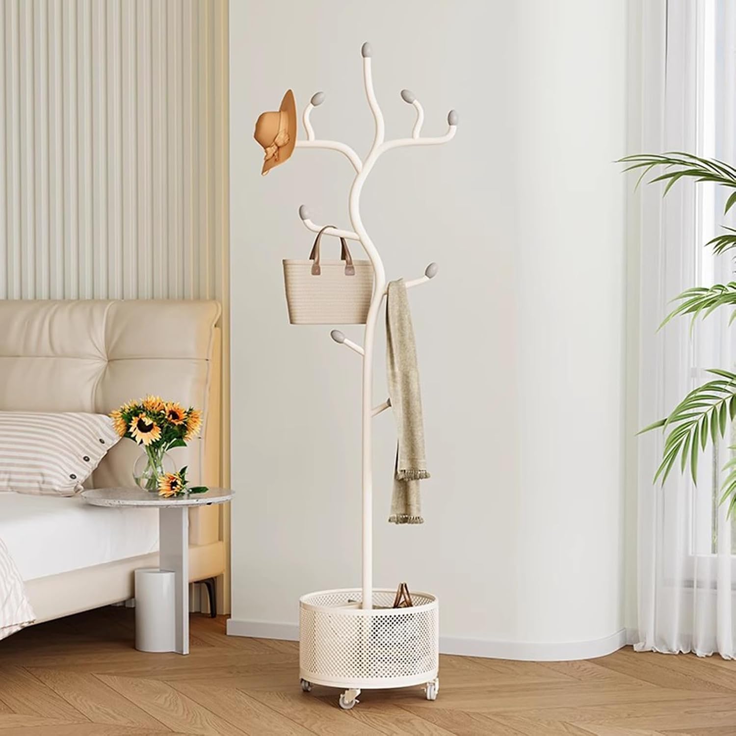 Heavy Duty Garment Rack Coat Rack with Storage Basket and 9 Hooks, Freestanding Clothes Hanger Stand with Wheels, Space Saving Clothing Rack for Entryway, Bedroom, Office, White, 42X175CM