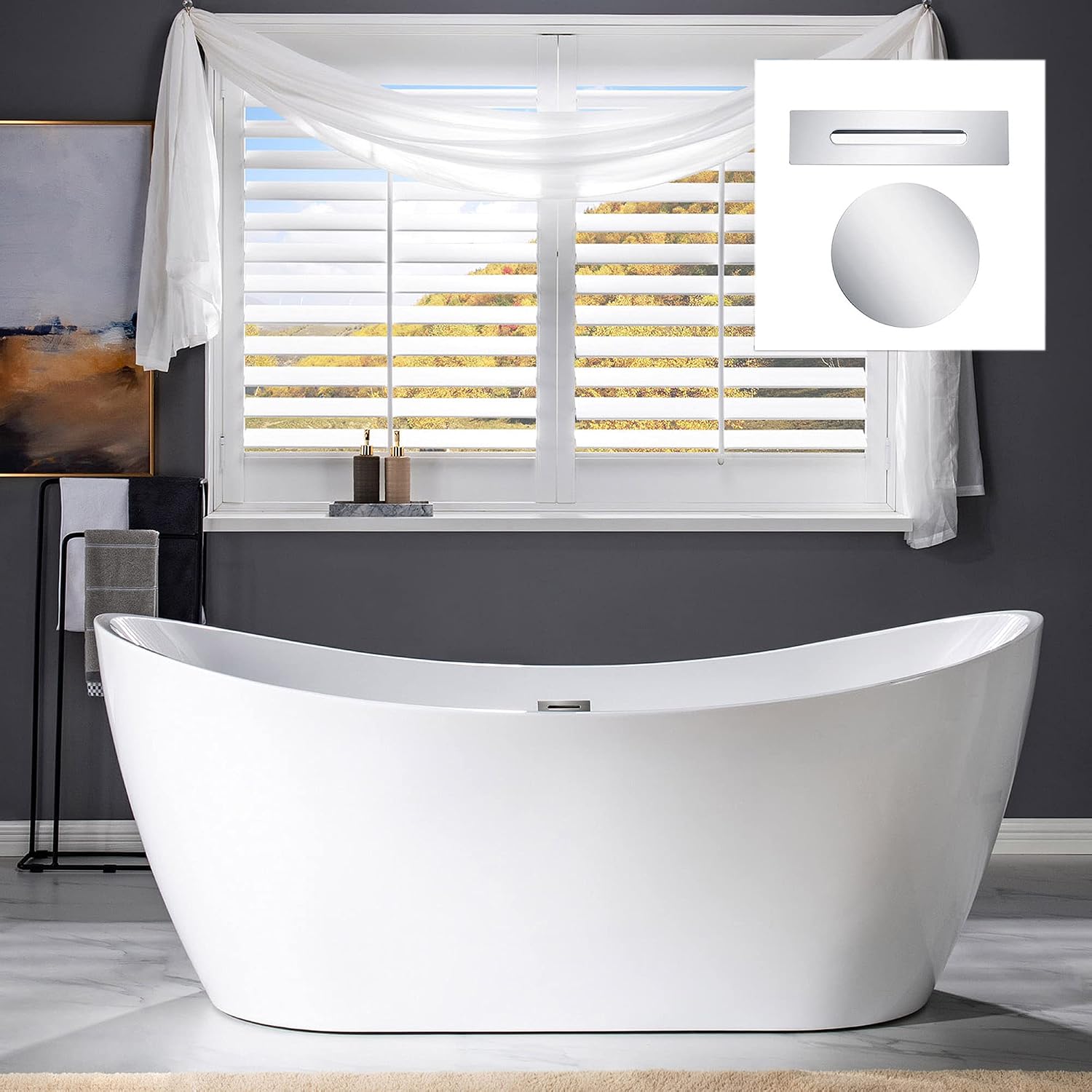 WOODBRIDGE 71'Freestanding White Acylic Soaking Bathtub with Chrome Drain and Overflow,B0017-C