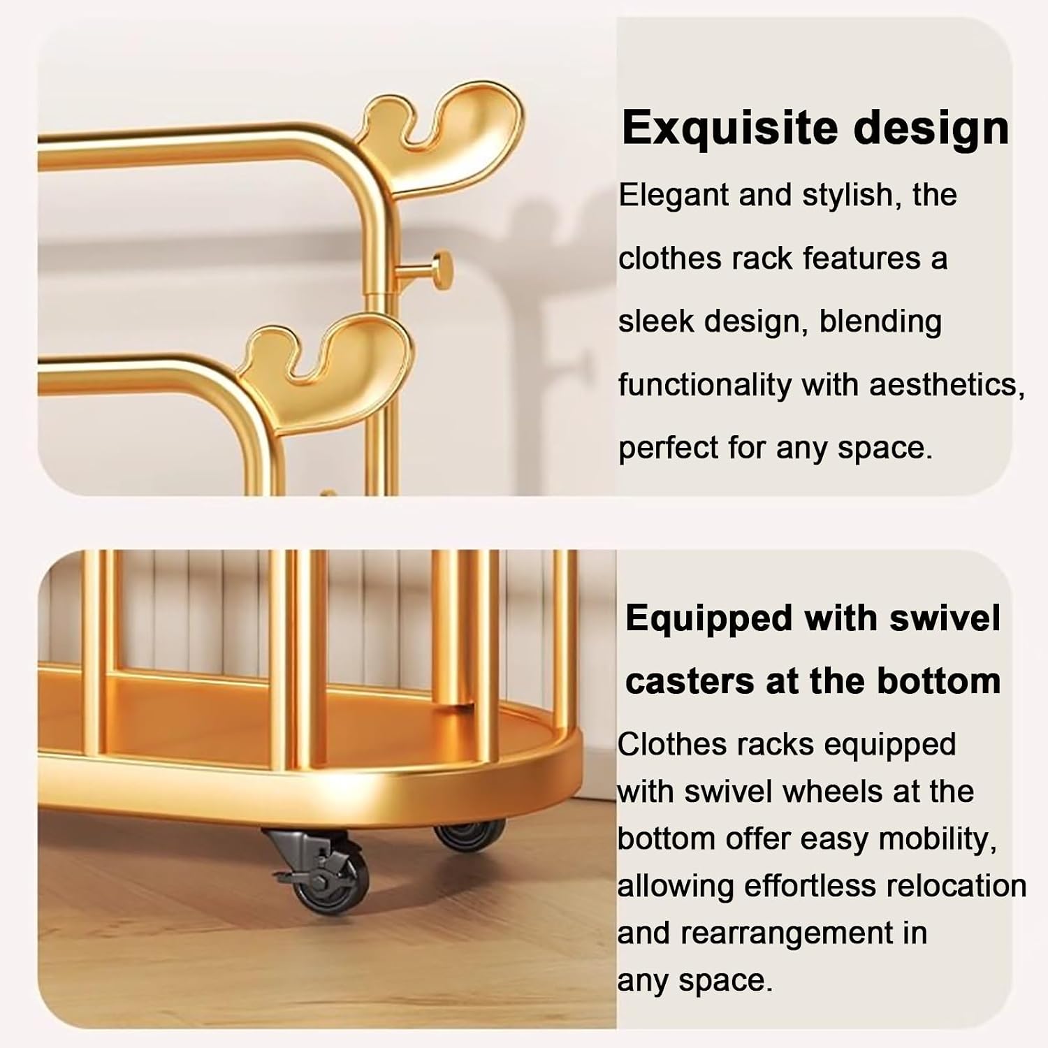 Modern Double-Rod Clothing Rack with Storage Shelf, Metal Wardrobe Stand with Wheels, Clothes Racks, Freestanding Garment Organizer for Bedroom or Dressing Area – Gold(60cm(23.6in))
