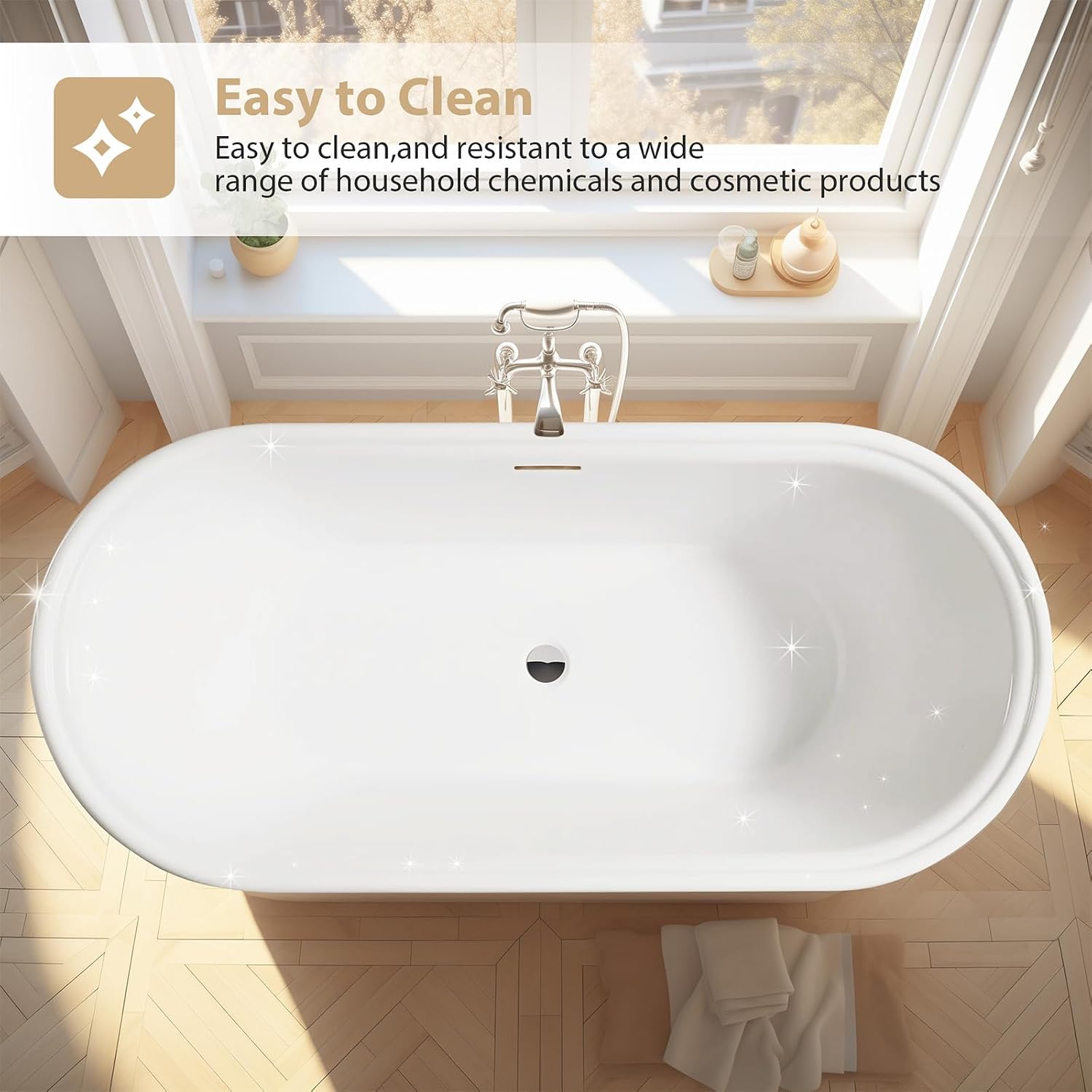 Vanity Art 67 x 31 Inches Freestanding White Acrylic Bathtub Modern Stand Alone Soaking Tub with UPC Certified Slotted Overflow and Pop-up Drain VA6610-L-BN