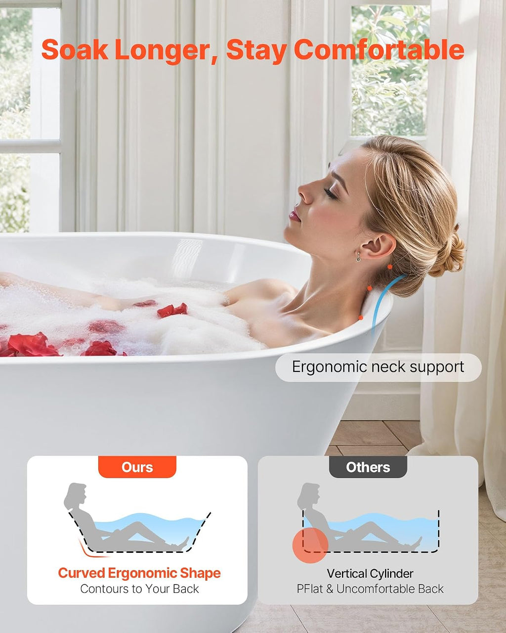 VEVOR Acrylic Freestanding Bathtub, 59 Inch Contemporary Soaking White Tub with Brushed Nickel Overflow and Drain, Elegant Oval Shape Stand Alone Soaker Tub for Modern Bathroom or Remodel Projects