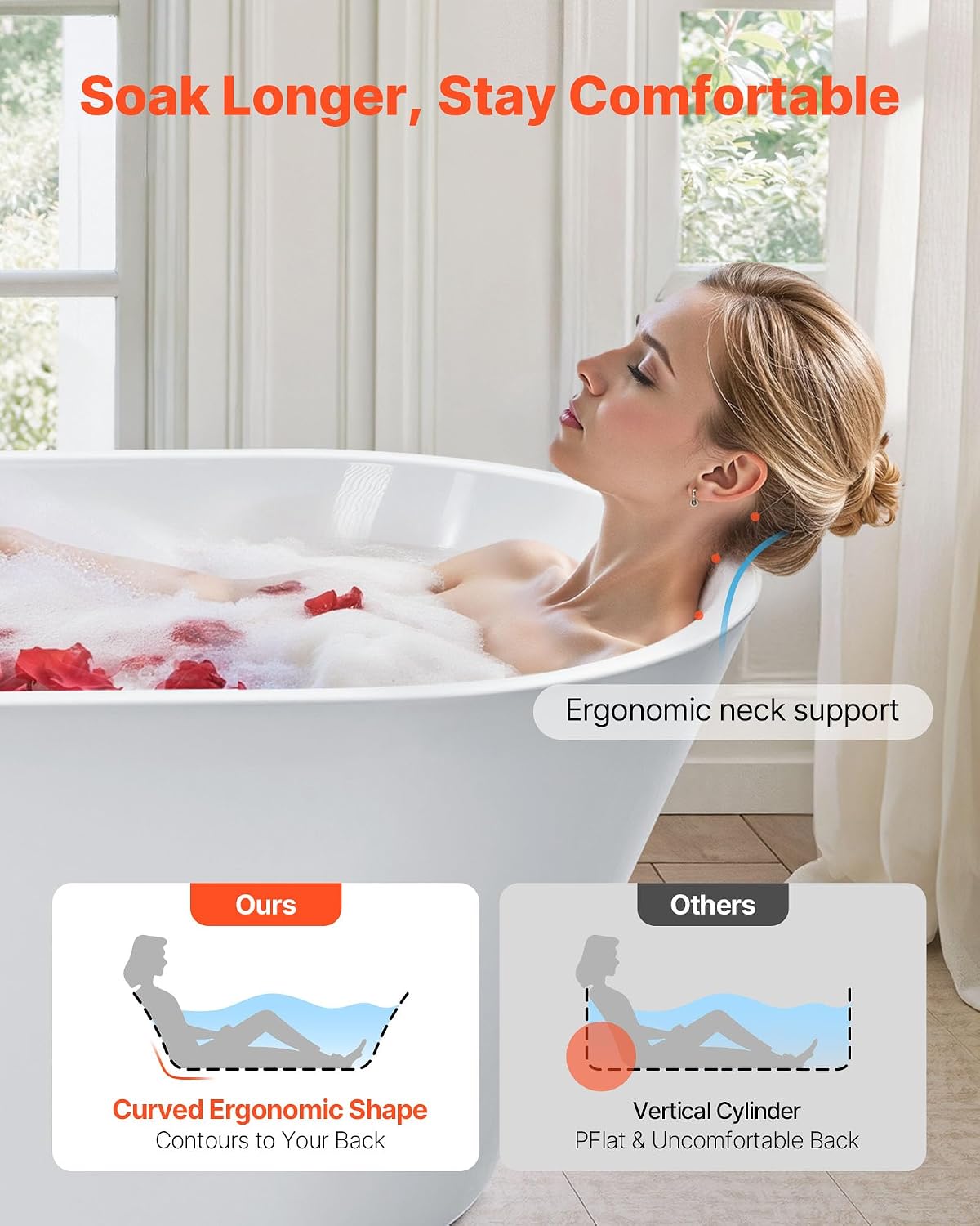 VEVOR Acrylic Freestanding Bathtub, 59 Inch Contemporary Soaking White Tub with Brushed Nickel Overflow and Drain, Elegant Oval Shape Stand Alone Soaker Tub for Modern Bathroom or Remodel Projects